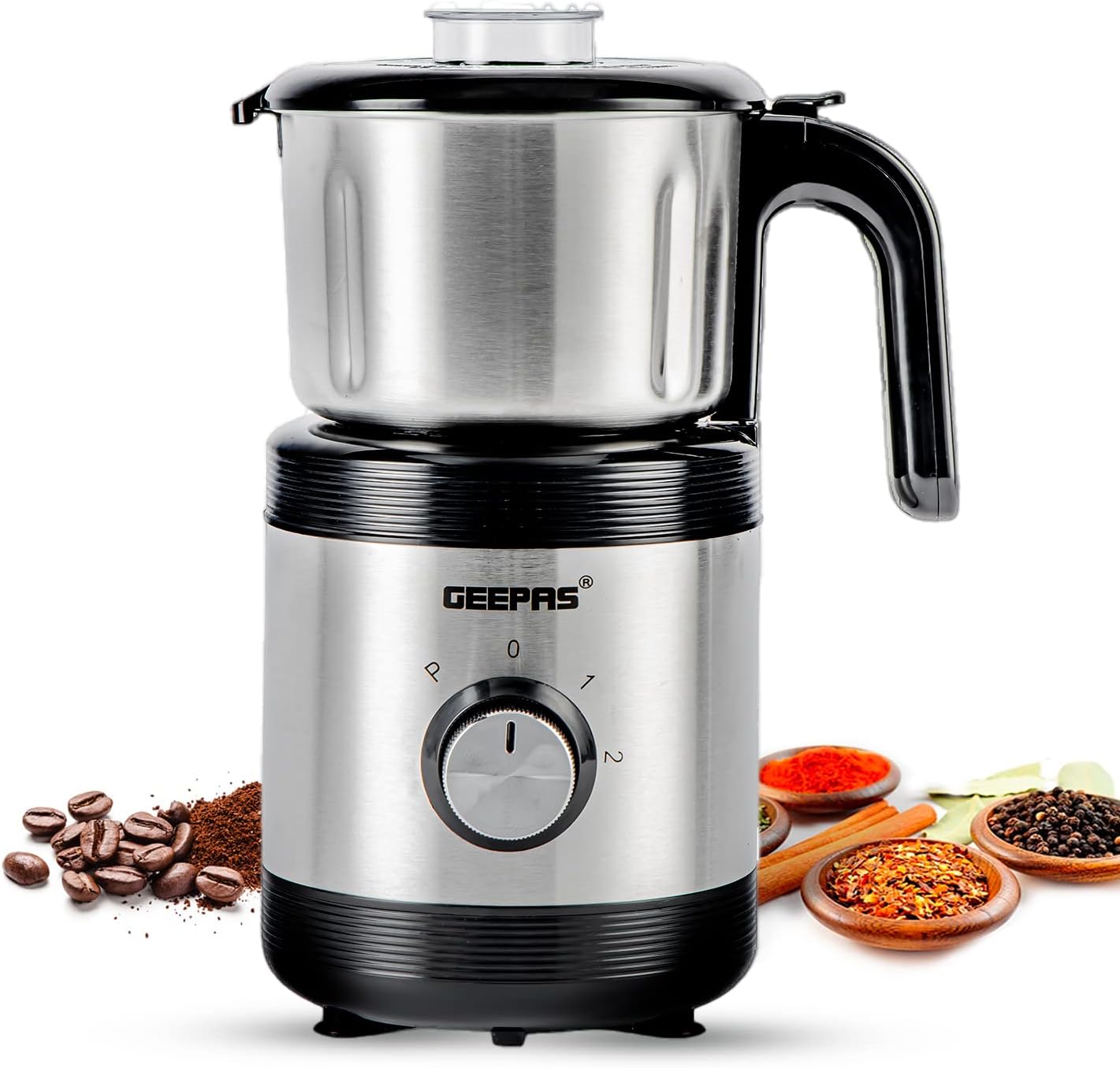 Geepas Coffee Grinder Food Processor 450W Electric Wet & Dry Grinder Coffee Mill Stainless Steel Jar & Blades for Coffee Spice Spices Chutney, 2 Speed Pulse - Detachable Bowl, 800ML Capacity, Silver.