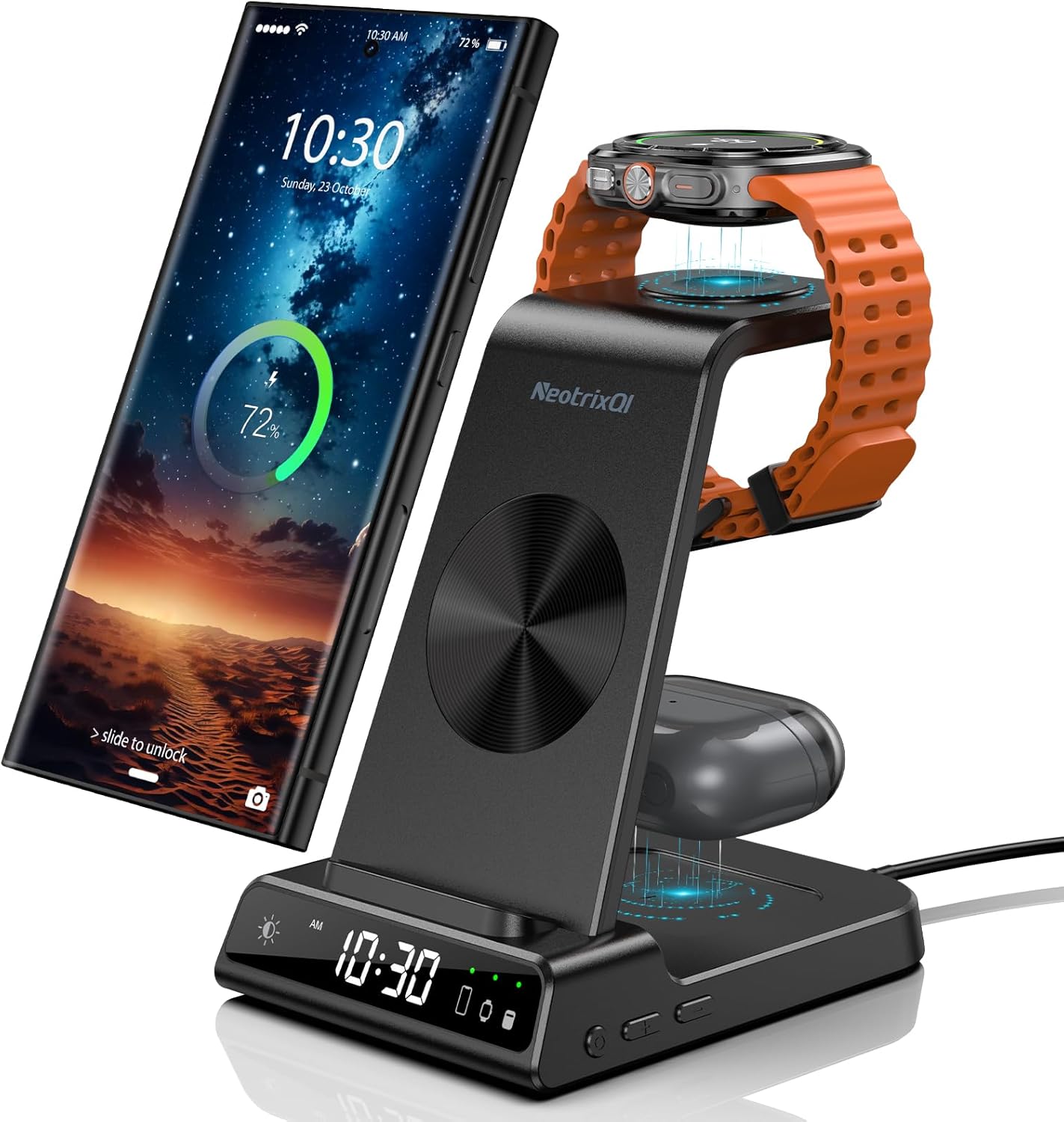 Wireless Charger for Samsung, NeotrixQI Charging Station with Clock for Galaxy Z Flip 6/Fold 6/S24 Ultra, Samsung Watch Charger for Galaxy Watch Ultra/7/6, Wireless Phone Charger for Galaxy Buds 3 Pro