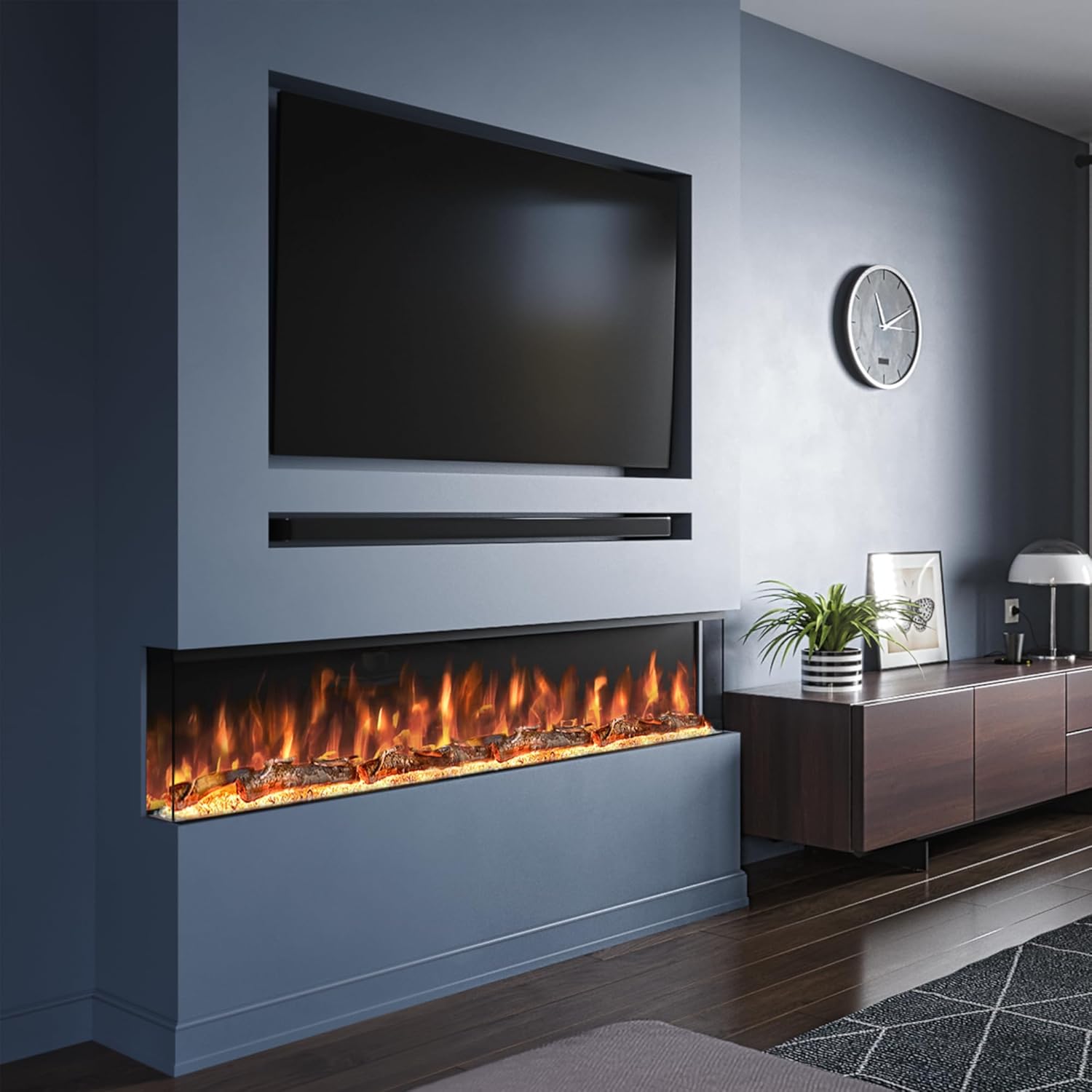 Evolution Fires 60 inch Media Wall Fireplace, 3 Sided Panoramic Electric Fire, Wall Mounted, Touchscreen Controls & Remote Control, Crystal & Log Set.