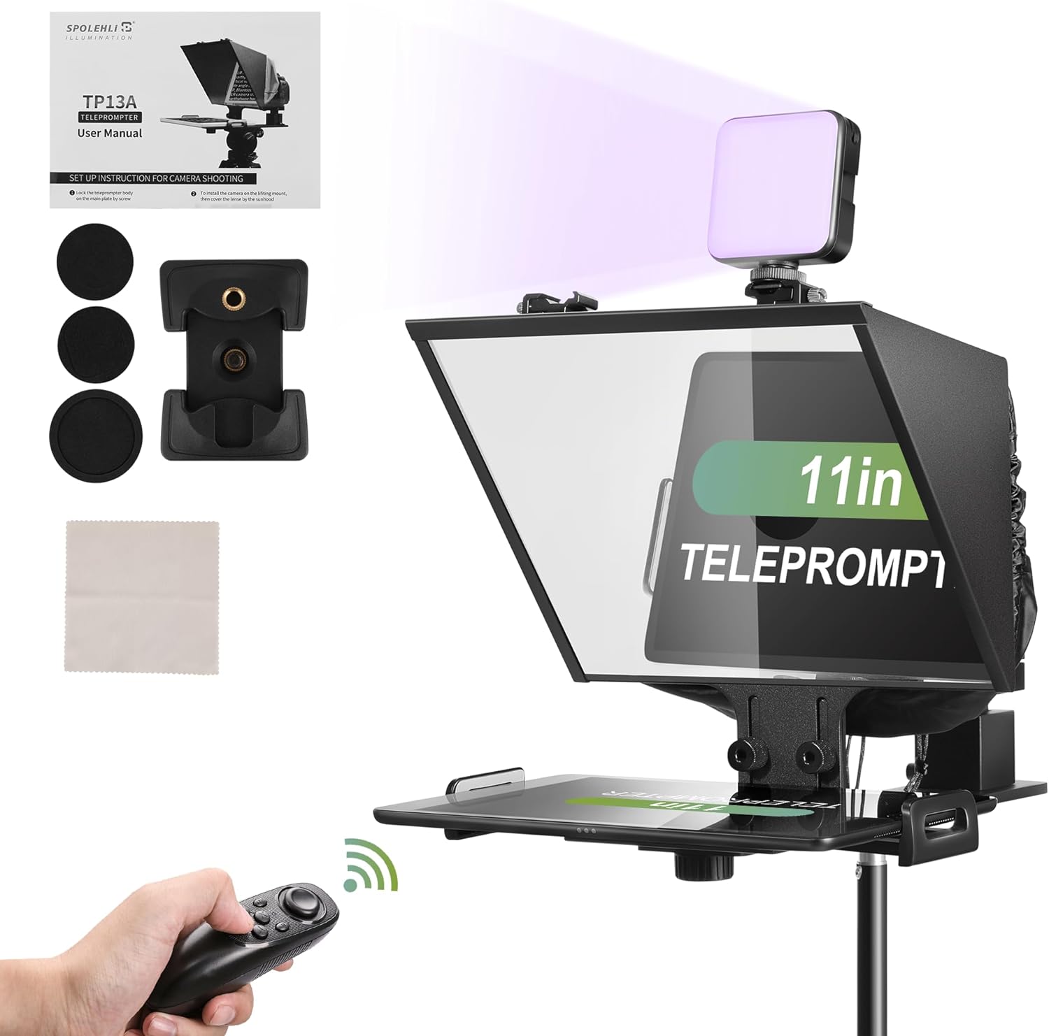 11-inch Teleprompter All-aluminum Construction adjustable with RGB Led Video Light and Remote Control Suitable for Smartphone ipad DSLR Camera Tablet Compatible with Android/IOS.