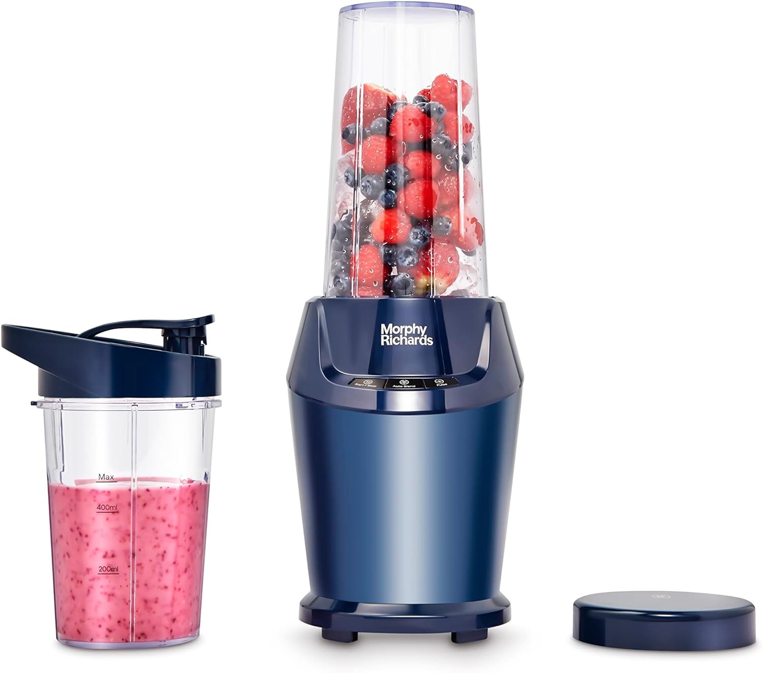 Morphy Richards Compact Personal Blender, 2 x Cups with Lids, Crush Ice & Frozen Fruit, Smoothie Maker, 3 Pre-settings, Dishwasher Safe, 1000w, Midnight Blue, 403060.