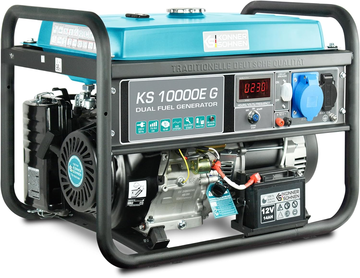 KS 10000E G DUAL FUEL series LPG/petrol outdoor generator with a maximumpower of 8000W 12, automatic voltage regulator (AV), 12R),low oil level indicator, overload and short circuit protection.