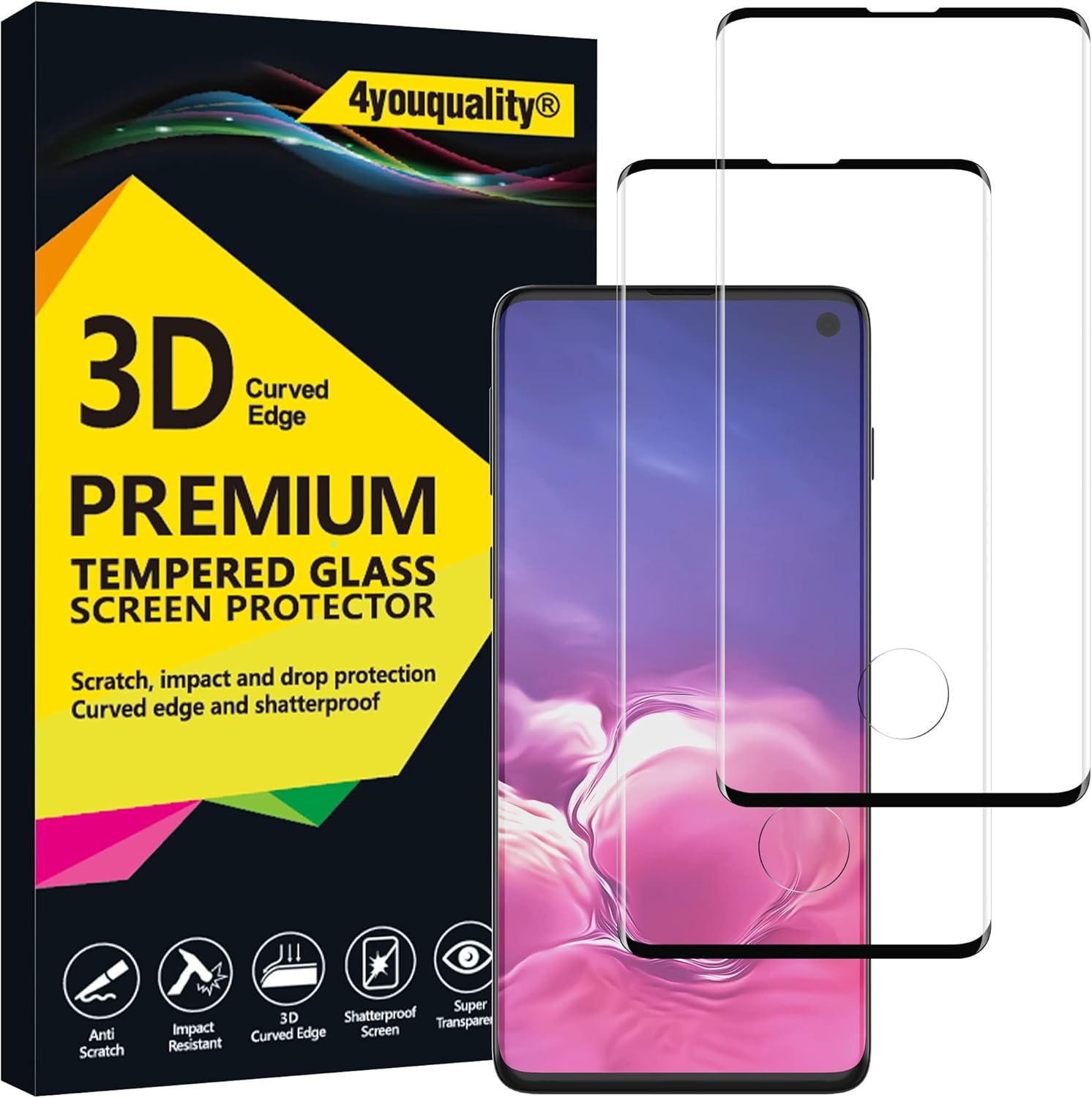 4youquality Tempered Glass Screen Protector for Samsung Galaxy S10, 2-Pack, [LifetimeSupport][Impact-Resistant][Anti-Shatter][Anti-Scratch].