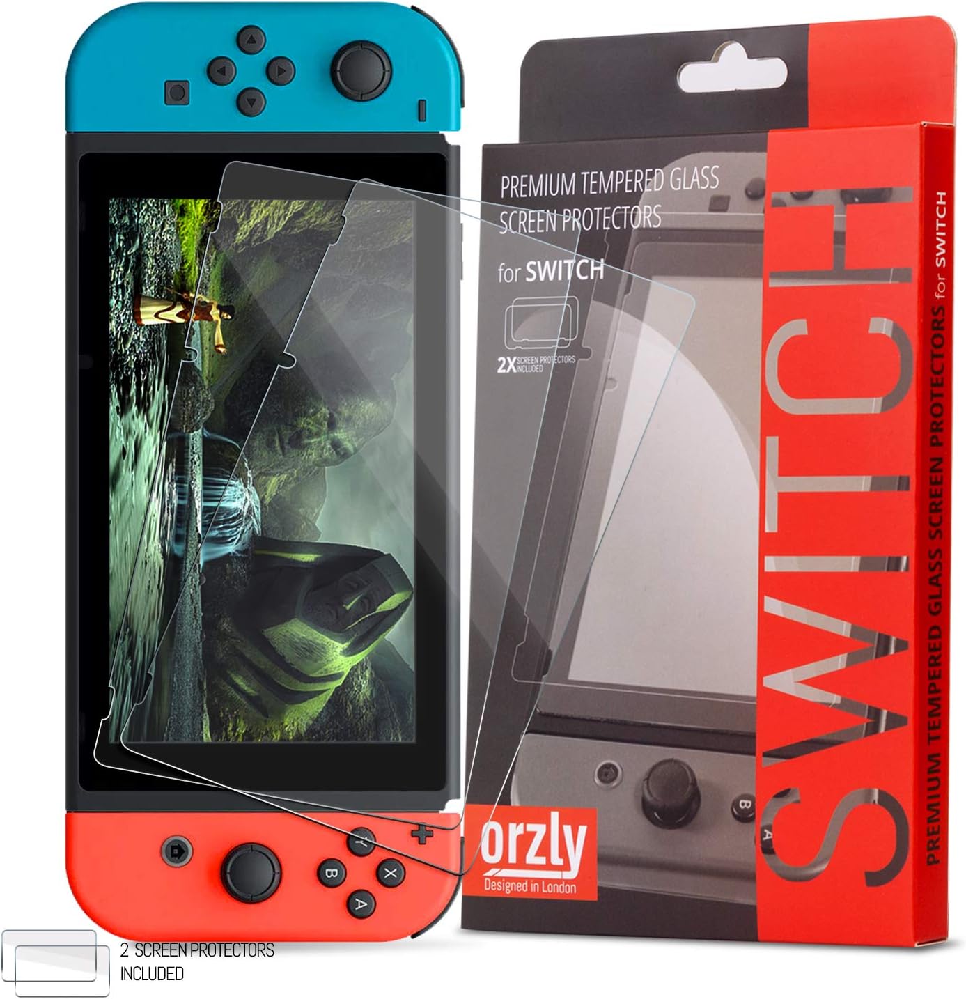 Orzly Glass Screen Protectors compatible with Nintendo Switch Premium Tempered Glass Screen Protector TWIN PACK [2x Screen Guards - 0.24mm] for 6.2 Inch Tablet Screen on Nintendo Switch Console.