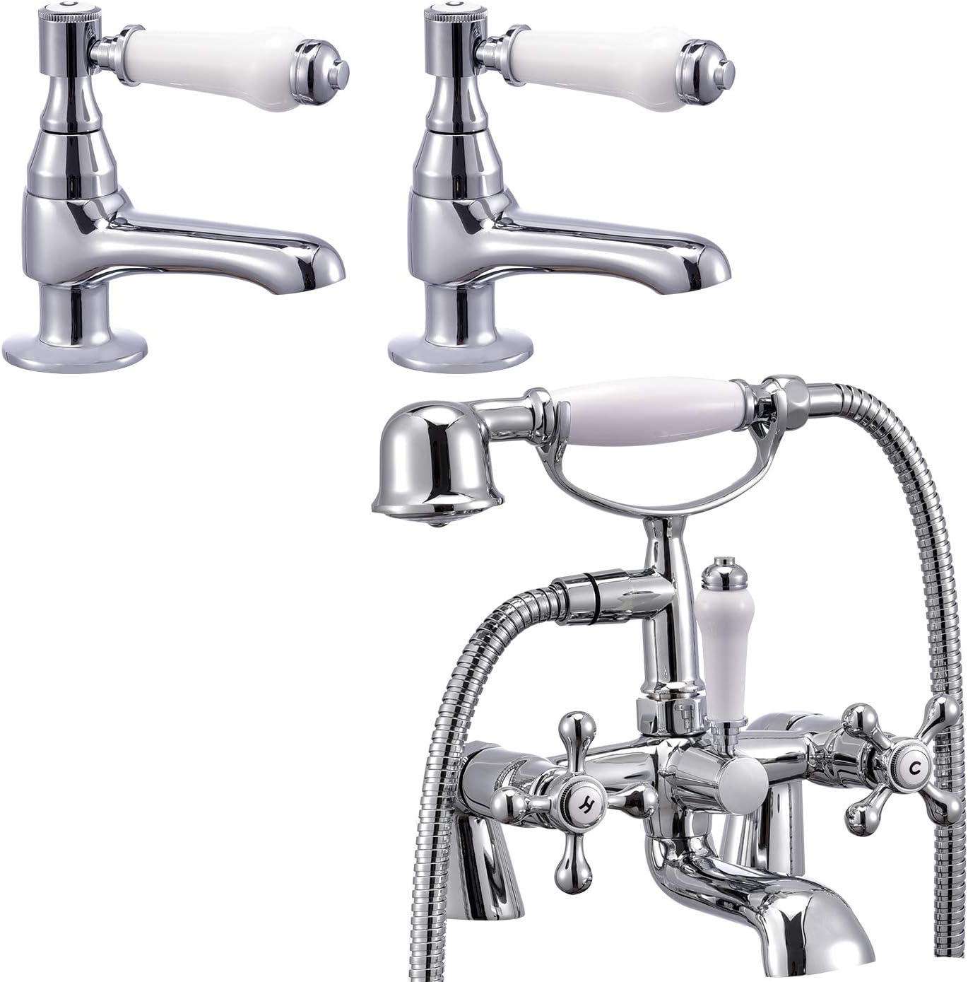 Funime Victoria Traditional Bathroom Bath Shower Taps 1/4 Turn Handheld and Basin Taps Pairs with UK Standard Fittings.