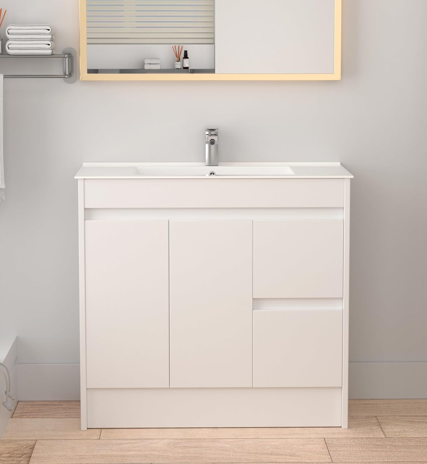 Robanmoa 900mm Bathroom Vanity Unit with Basin Freestanding Bathroom Storage Cabinet Unit Waterproof Cupboard Furniture White Ceramic Sink 2 Drawers Floor Standing Basin Vanity Units.