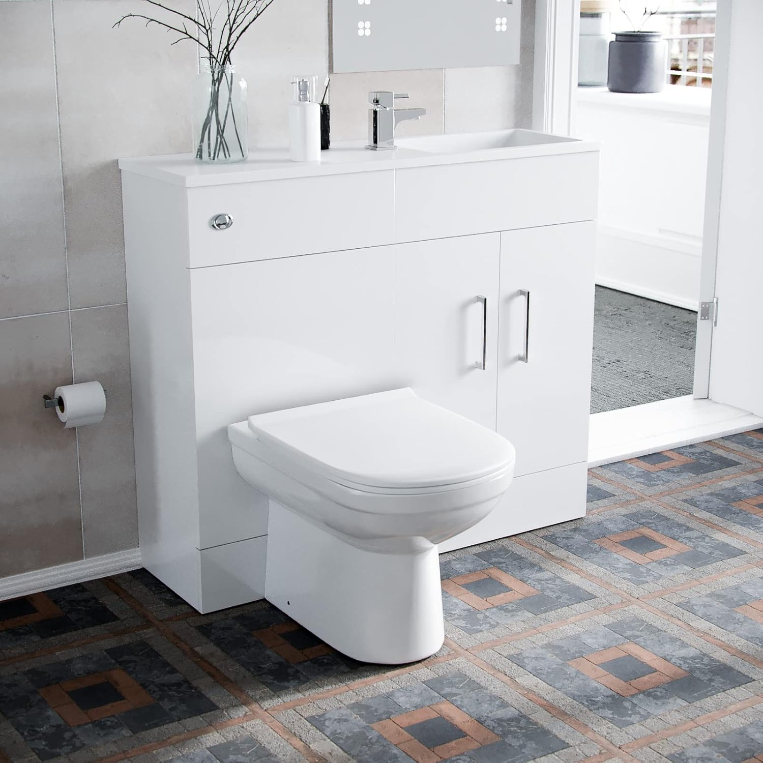 Nes Home James 1000mm Freestanding White Slimline Vanity, Basin, WC Unit BTW Toilet.