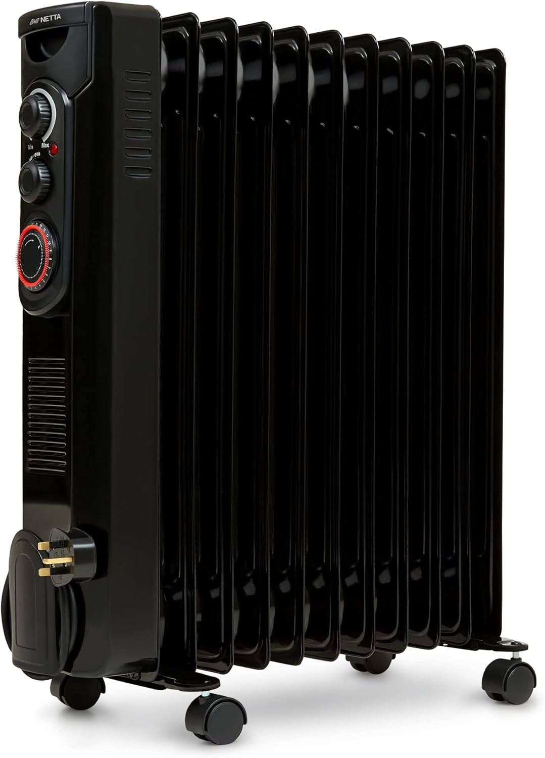 NETTA Oil Filled Radiator 2500W Portable Electric Heater with Thermostat & 24 Hour Timer 2 Power Settings Home Office Energy Efficiency – 11 Fin, Black.