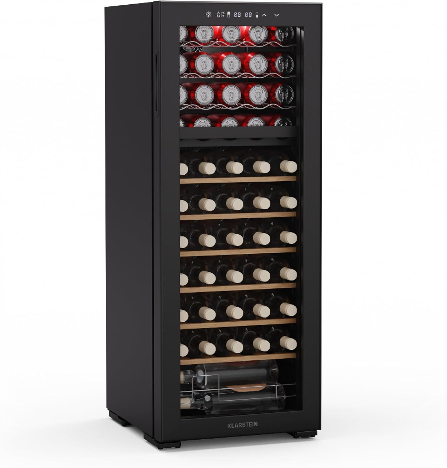 Klarstein Bovella Duo+ Two-Zone Wine Cooler - Wine Refrigerator, Beverage Refrigerator, Two Separate Cooling Zones, Glass Door, Compact Dimensions, Stylish, Capacity: 50 litres / 18 Bottles.