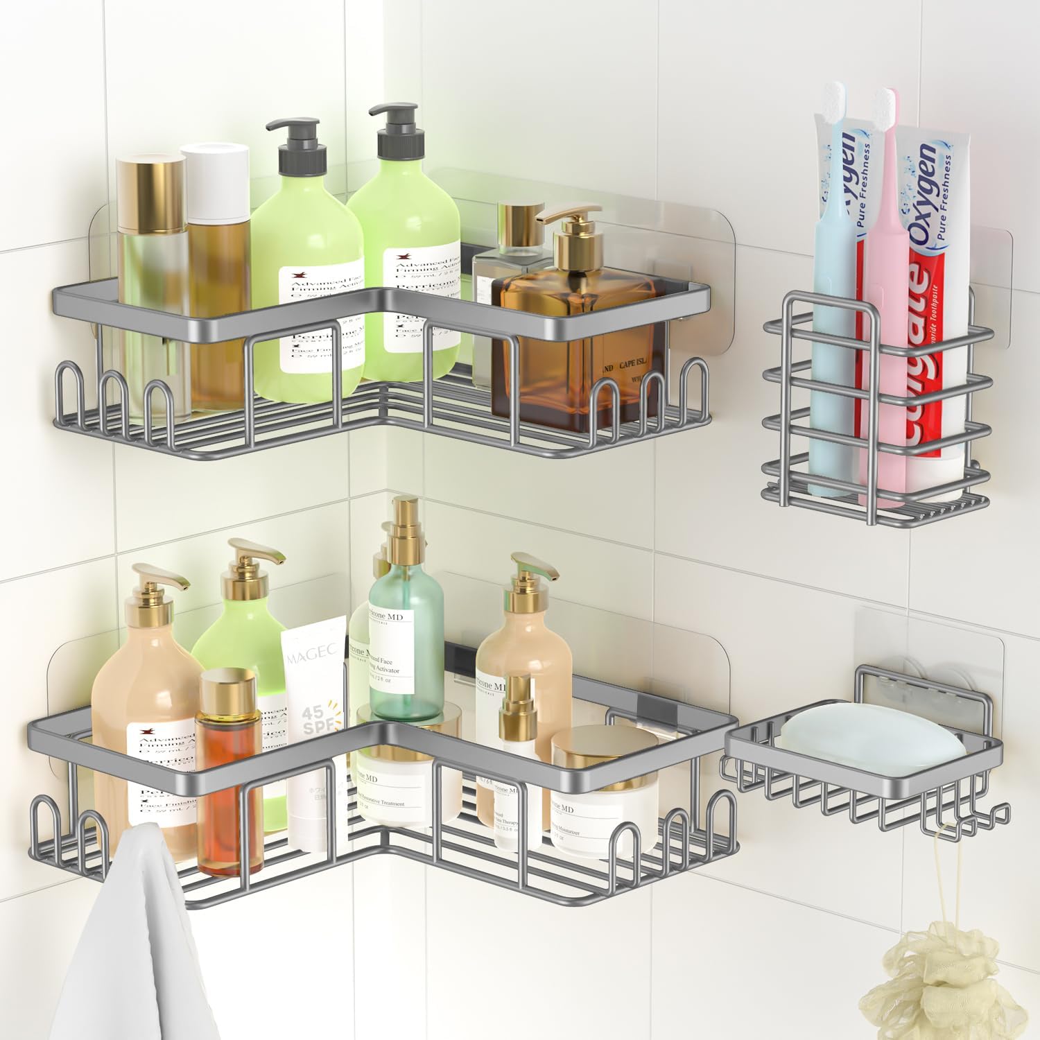 Shower Caddy, 4 Pack Corner Shelf Bathroom Storage, Bathroom Shelf Adhesive Shower Shelf, Stainless Steel Bathroom Accessory, Bathroom Shelves Organiser No Drilling, Shower Storage with Soap Holder.