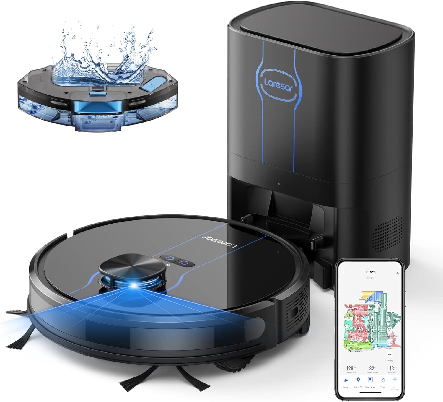 Laresar Robot Vacuum Cleaner with Mop, 3500Pa Vacuum with 3L Self Emptying Station, Works with Alexa,Editable Map, Lidar Navigation, 3-In-1 Hoover for Pet Hair, Smart App Control(L6 Nex).