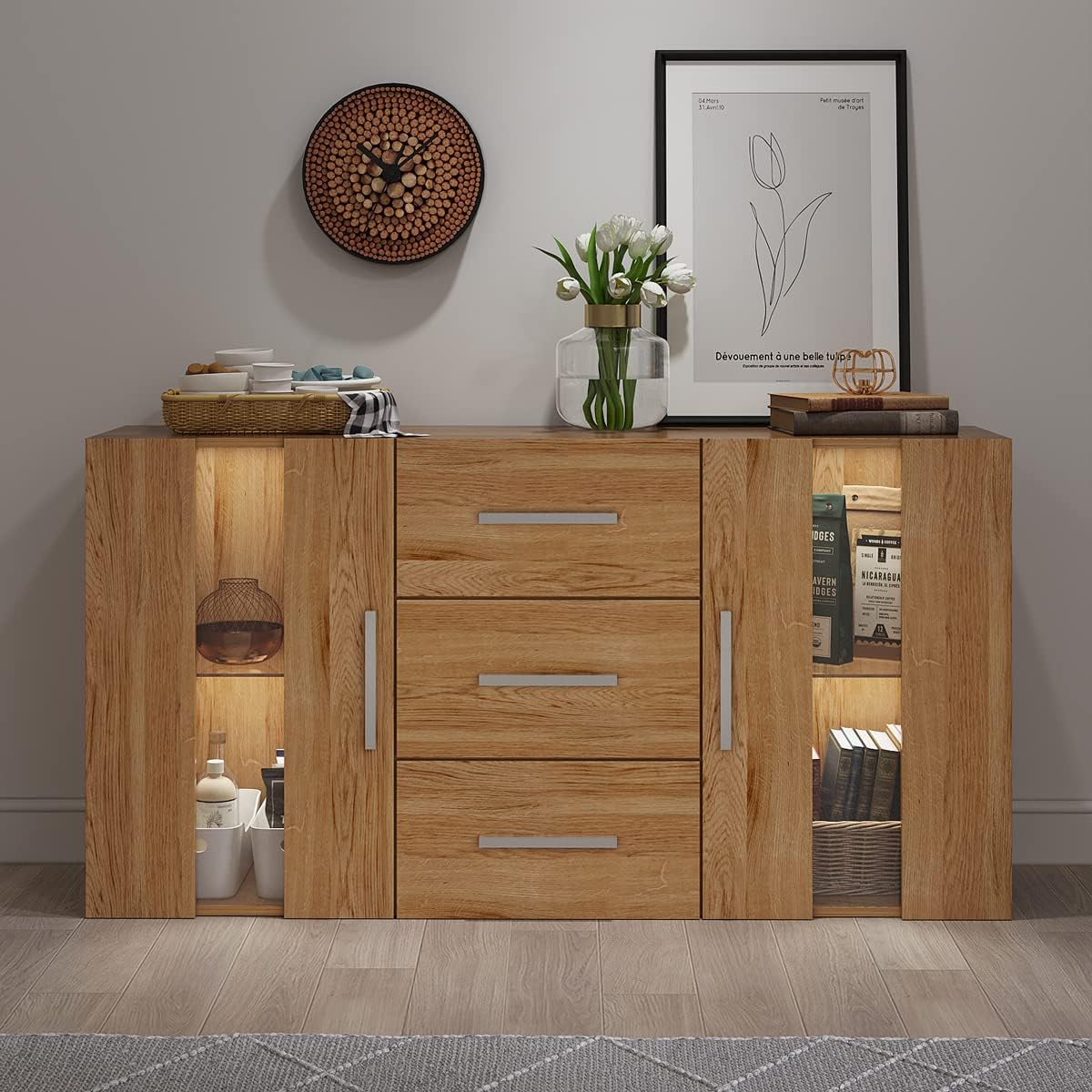 Panana 2 Doors 3 Drawers Sideboard Cupboard Unit Cabinet White LED lighted Storage (OA).