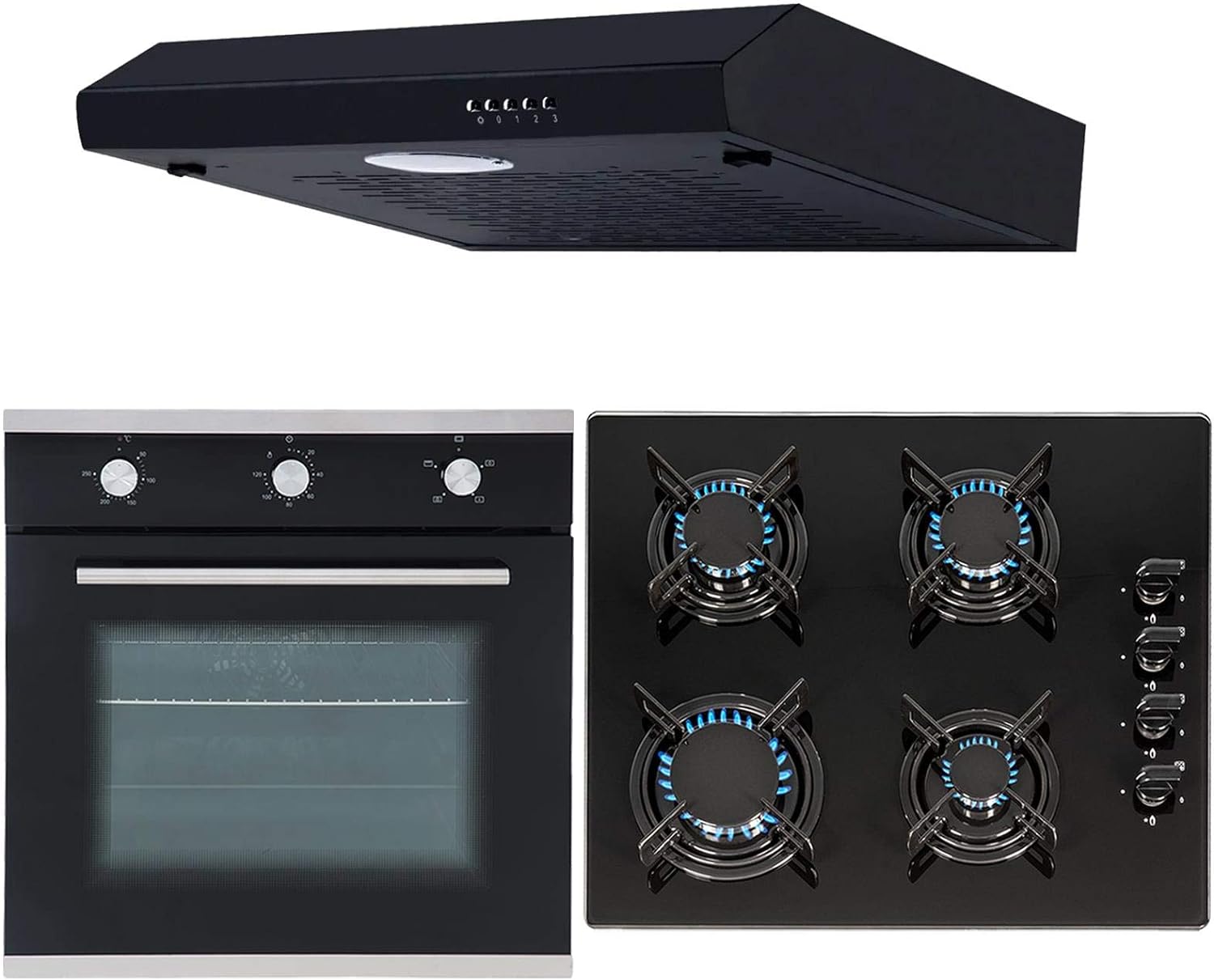 SIA 60cm Black Single Electric Fan Oven, 4 Burner Gas Hob And Visor Cooker Hood.