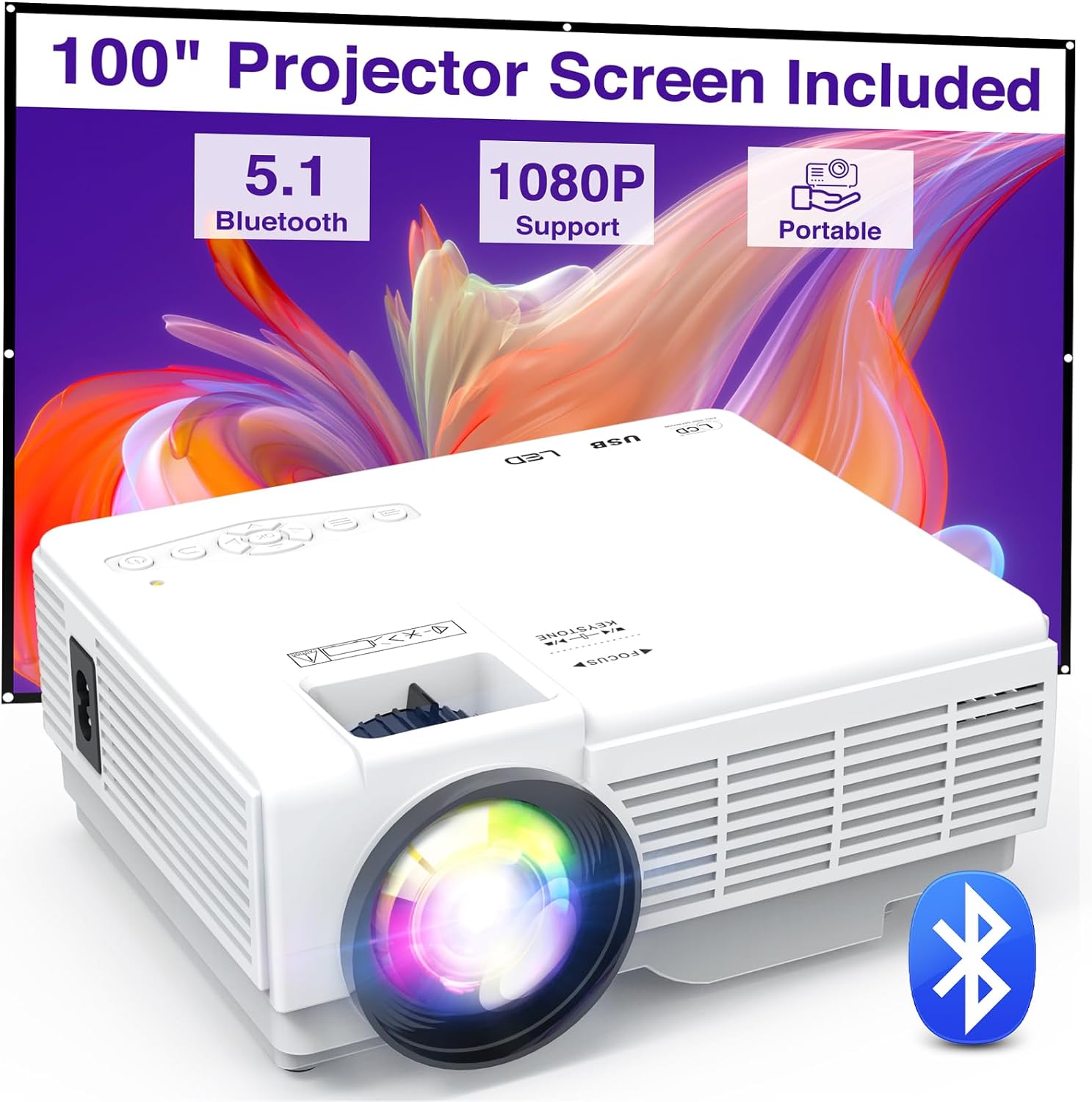 Mini Projector Portable with Screen, YOOYAA Bluetooth Projector Full HD 1080P 10000L, Multimedia Outdoor Home Cinema Video Projector, Compatible with Smartphone/Laptop/TV Stick.