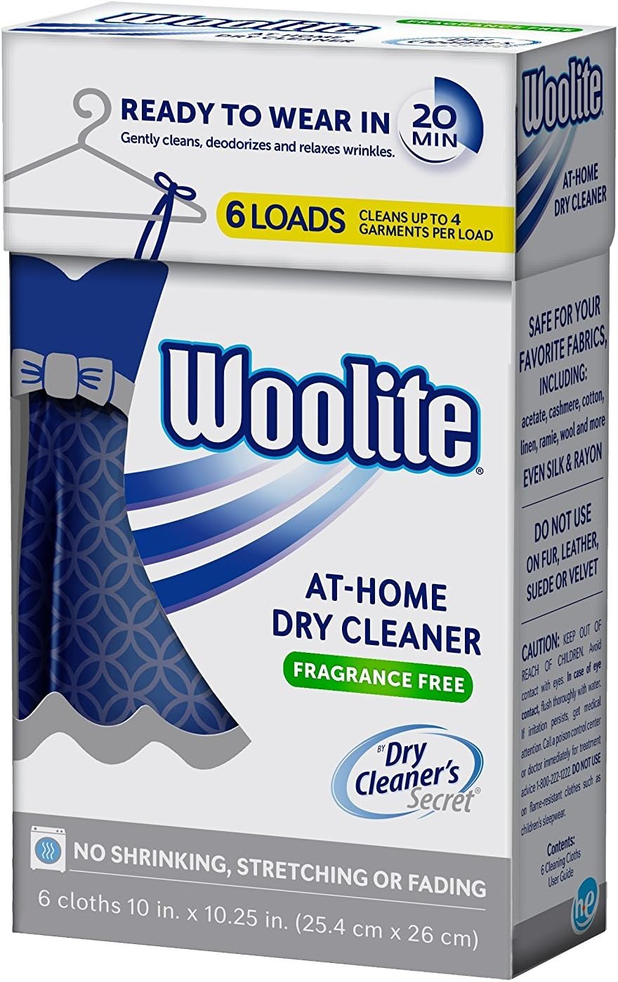 Woolite Dry Care Cleaner, At Home Dry Clean in 20 Minutes Everyday, Special Care, and Dry Clean Clothes, Fragrance Free, 6 Cloths.