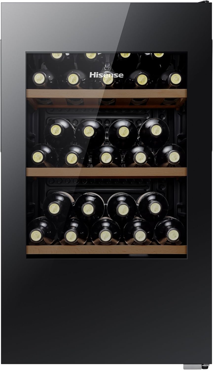 Hisense RW12D4NWG0 93 Litre 30 Bottles Freestanding Undercounter Wine Fridge Cabinet with Digital Touch Control.