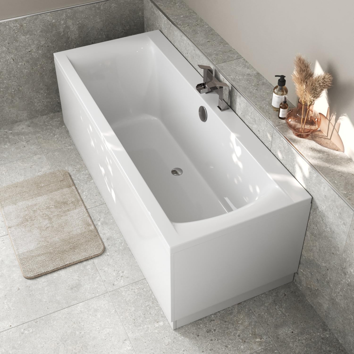 Baystone 1700 x 750mm Double Ended Straight Bath White Gloss Soaking Bathttub, Acrylic Baths for Bathrooms, Straight Square, Adjustable Feet, No Panel.