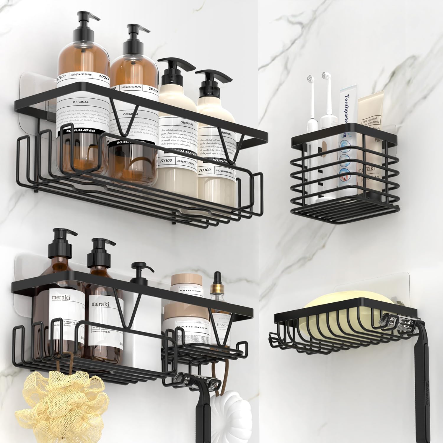 Kegii Shower Caddy, Bathroom Shelf Organiser No Drilling, Adhesive Shower Storage Rack with Soap Razor Holder, Bathroom Accessories, Black, 3 Pack.