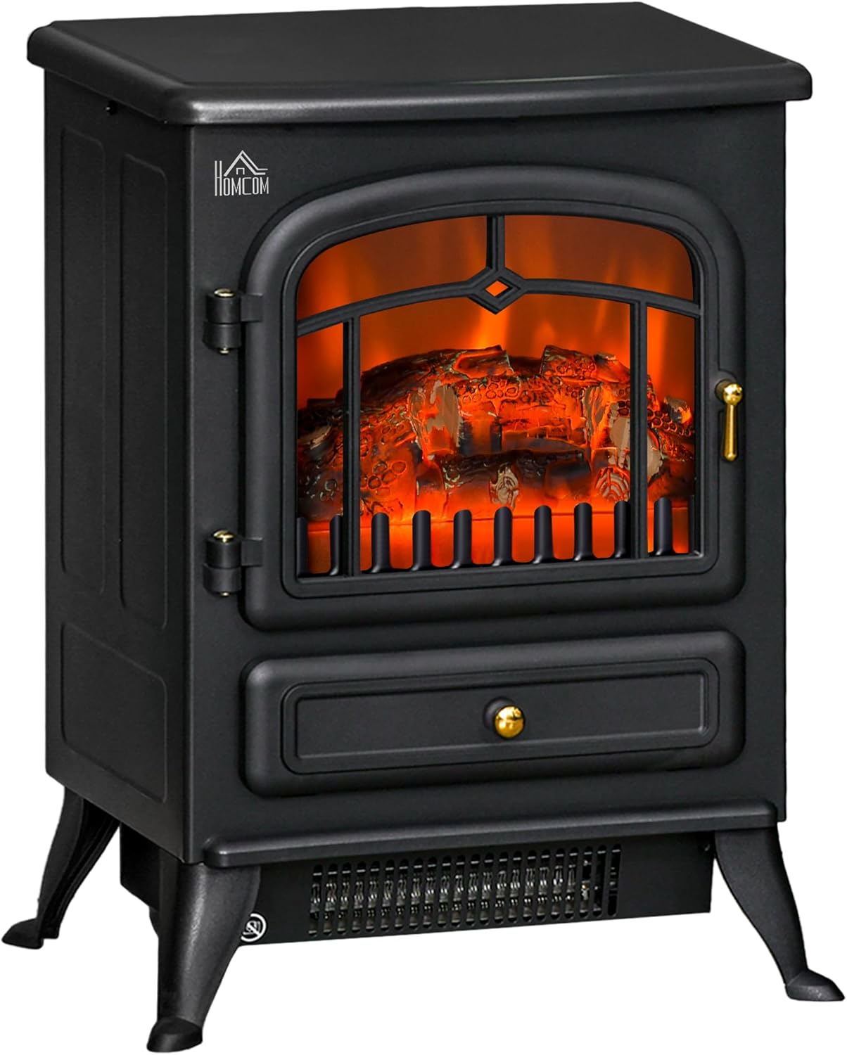 HOMCOM Freestanding Electric Fireplace Indoor Heater Glass View Log Wood Burning Effect Flame Portable Fireplace Stove 950/1850W Black.