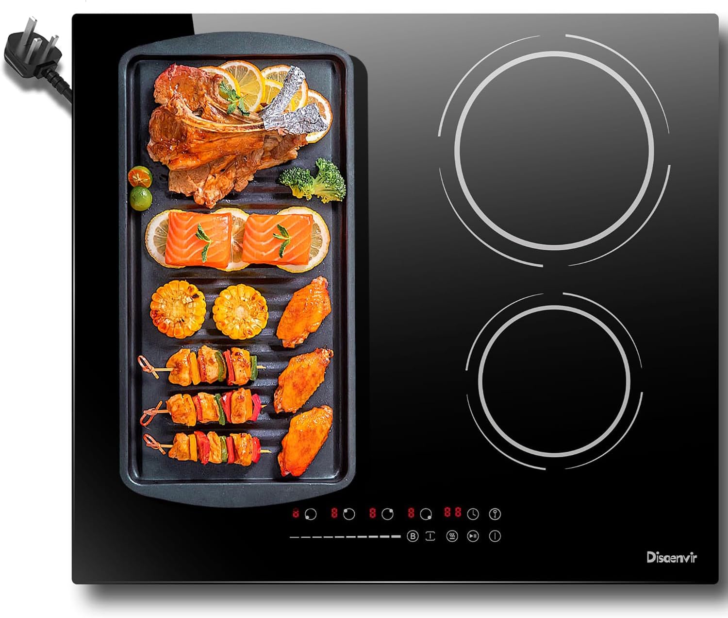 DSR Plug in Induction Hob 4 Zones, 13 Amp 2800W Electric Cooker 60cm with Extended Zone, 4 Burners Cooktops in Touch & Slide, 9 Power Levels Setting, Booster, Pause, Timer, Safety Lock, Black.