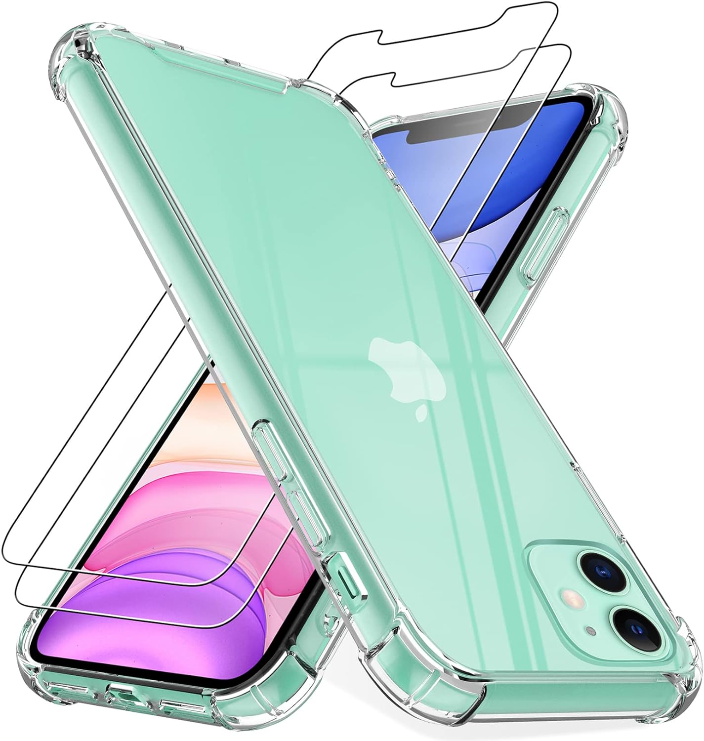 4youquality Case for iPhone 11 Case with [2-Pack Tempered Glass Screen Protectors], Advanced Airbag Drop Protection, Shockproof Transparent Clear Bumper Phone Cover, Anti-Scratch.