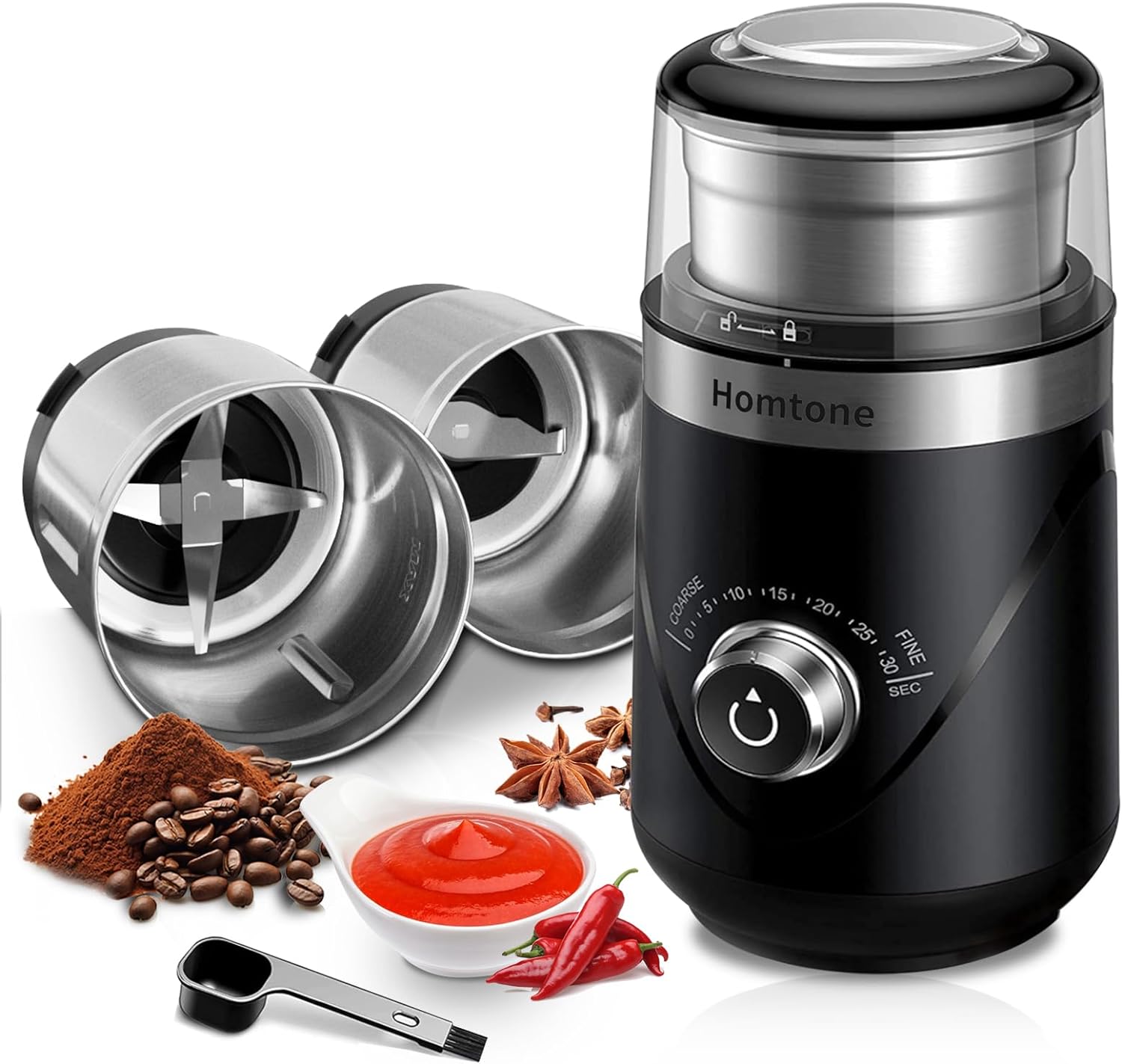 Homtone Electric Coffee Spice Grinder 2 in 1 Wet and Dry, Adjustable Coffee Spice Grinder with Time Setting, Automatic Small Blade Grinder for Coffee Bean/Nuts/Vegetables.