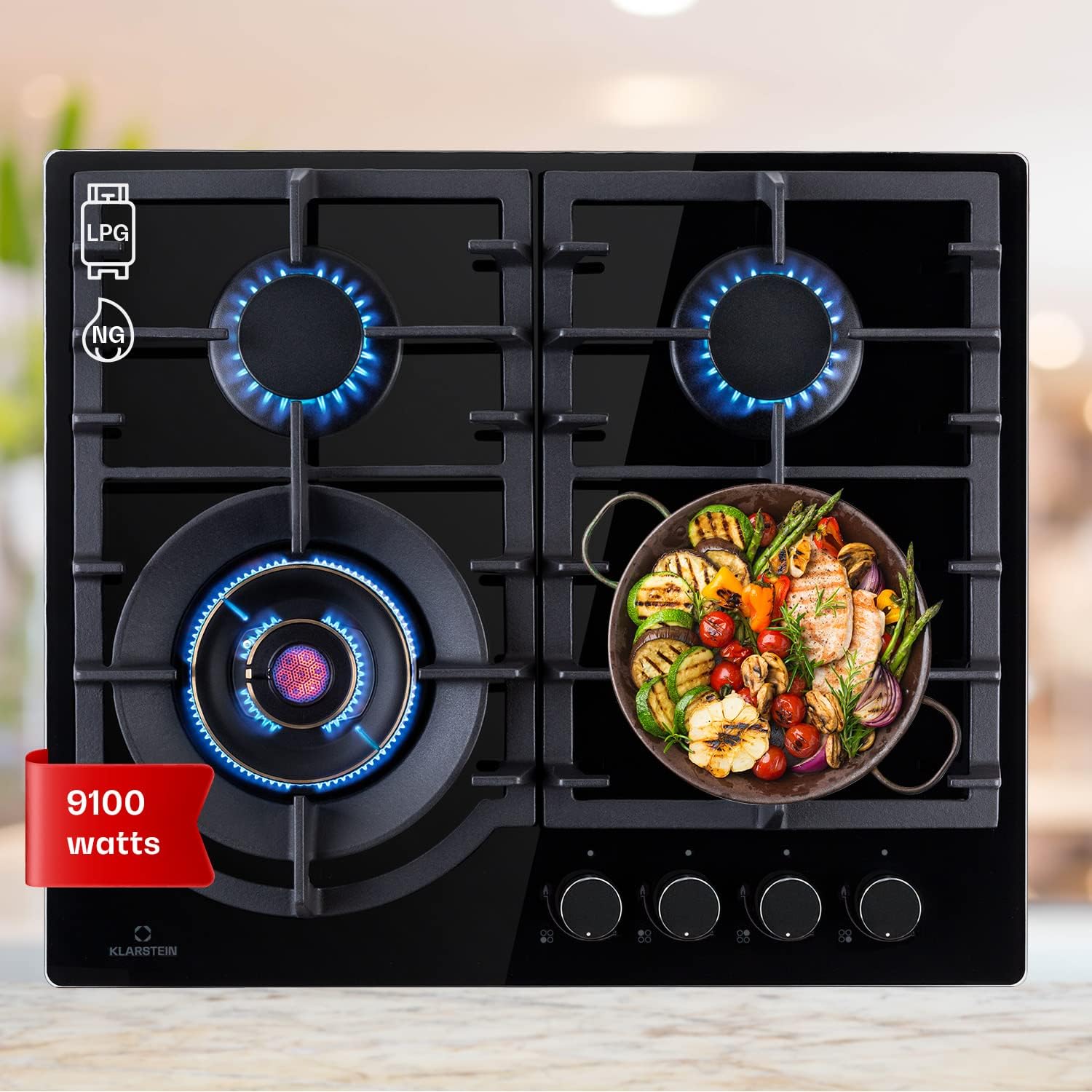 Klarstein Gas Cooker, 4 Burners Gas Hob, 9100W Built In Four Ring Electric Hob, Campervan Cooktops Gas Cookers, Stainless Steel Glass Top Wok Burner, 4 Ring Kitchen Stoves LPG Cooker Gas Burners Units.