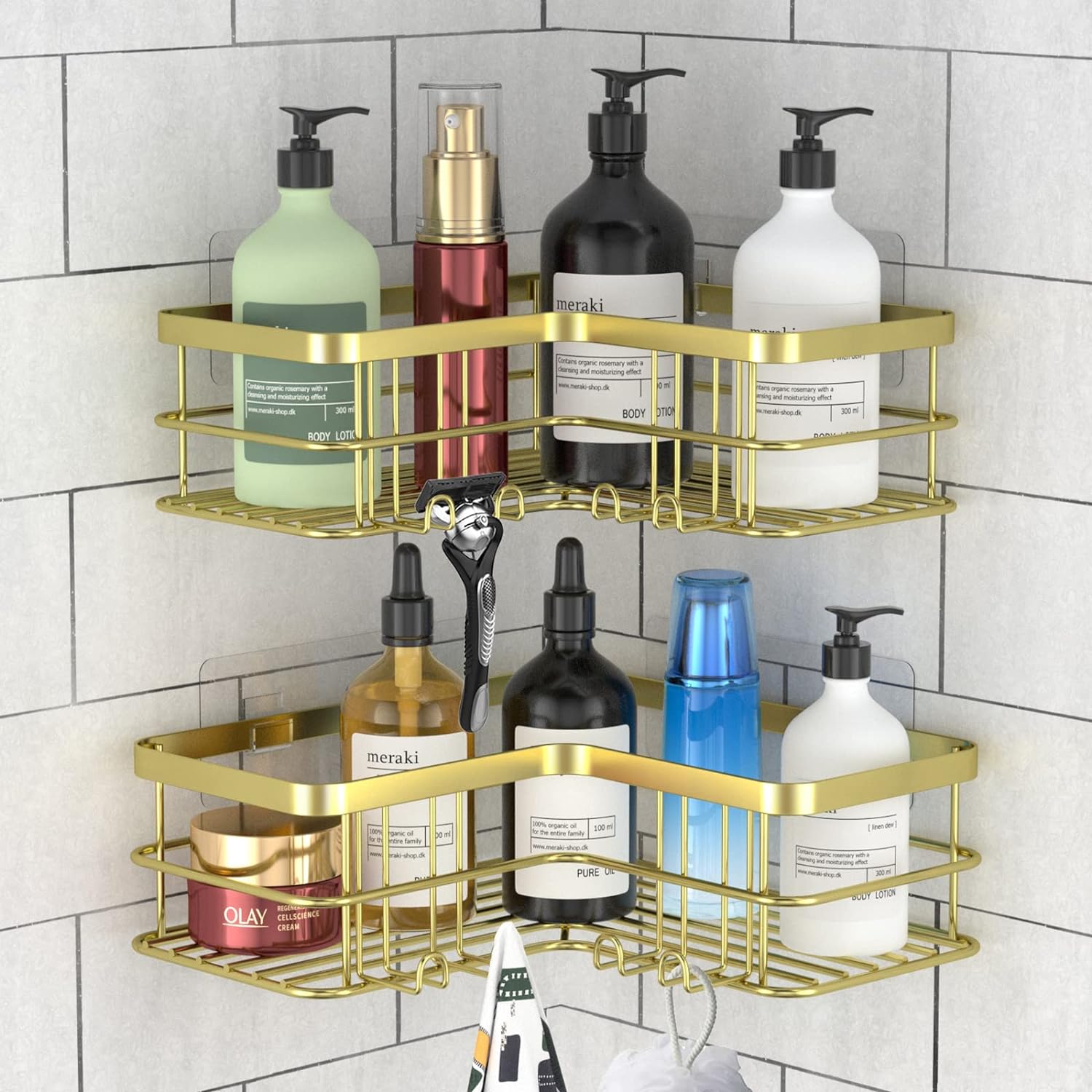 Yazoni Corner Shower Caddy 2-Pack, No Drilling Shower Organizer Corner Shelf for Bathroom Tub, Stainless Steel Shower Caddy Corner Shelf for Bathroom Kitchen (Gold).