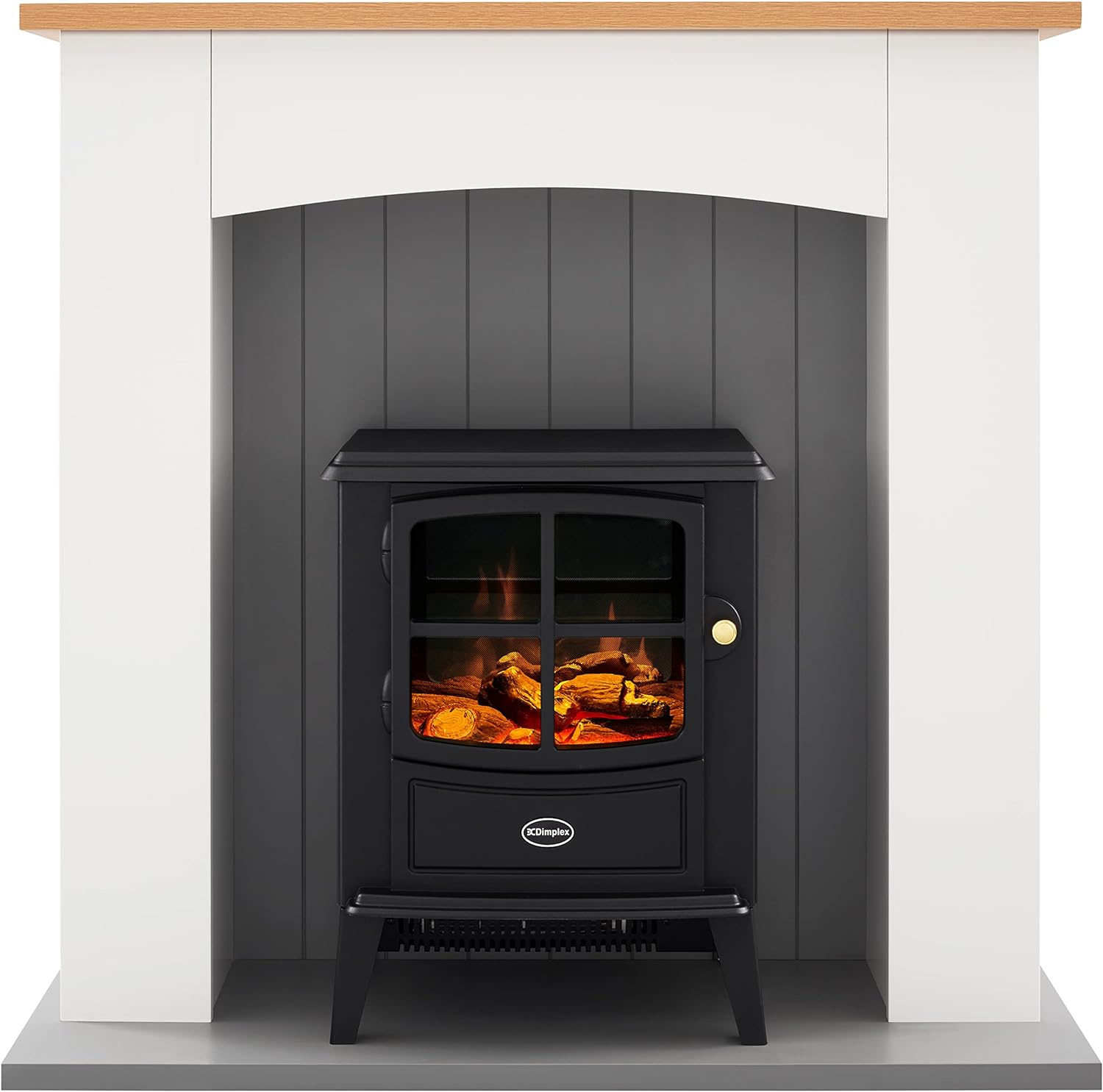 Dimplex Oakmead Optiflame Electric Fire Suite, Black Wood Burner Style Stove Suite with Ivory Surround, LED Flame Effect with 2kW Adjustable Fan Heater, Complete Fireplace and Remote Control.