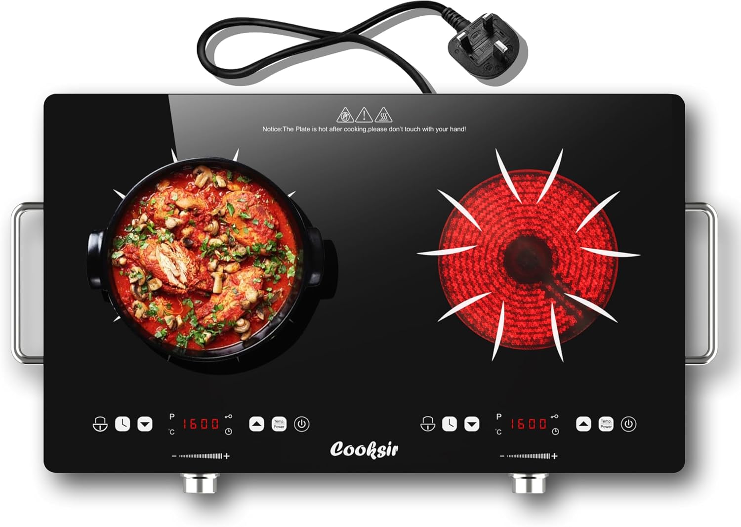 Cooksir Portable Ceramic Hob with Plug, Double Ceramic Hob with Knob Control, Plug in Ceramic Hob 56 cm, 2 ring Electric Hob with Handles, Safety Lock, 3200W, 220V.