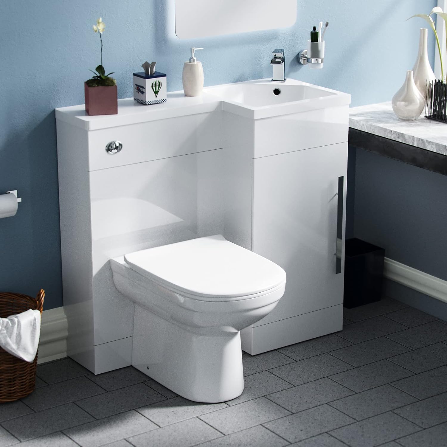 Nes Home Debra White L-Shape RH Small 900mm Vanity Unit Sink Toilet Bathroom - Flat Pack.