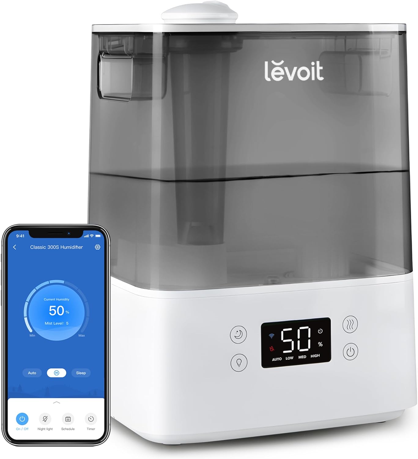 LEVOIT Humidifier for Bedroom Baby Home, 6L Large Tank, Top-Fill Cool Mist Air Humidifier with Quiet Sleep Auto Mode, Smart App & Alexa Control, Essential Oil Diffuser, 60H Runtime for 47㎡, Gray.