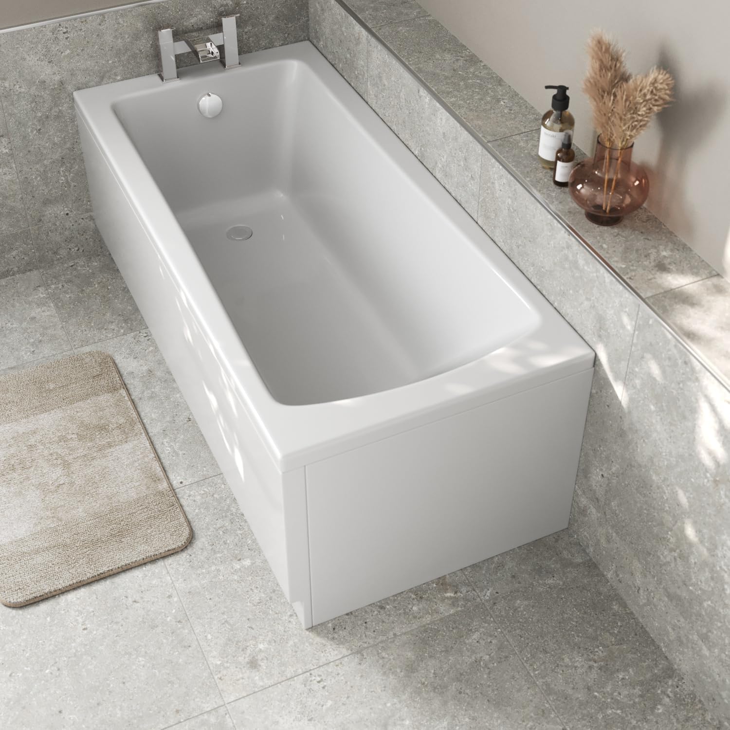 Baystone 1600 x 700mm Single Ended Bath White Gloss Soaking Bathttub, Acrylic Baths for Bathrooms, Straight Wide End, Adjustable Feet, No Panel.