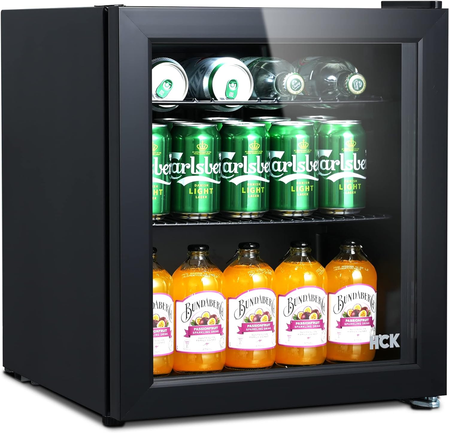 HCK 48L Mini Fridge with Glass Door, 0-15°C Cooling Zone and 2 Shelves, Compact Beverage Fridge for Bar and Living Room.