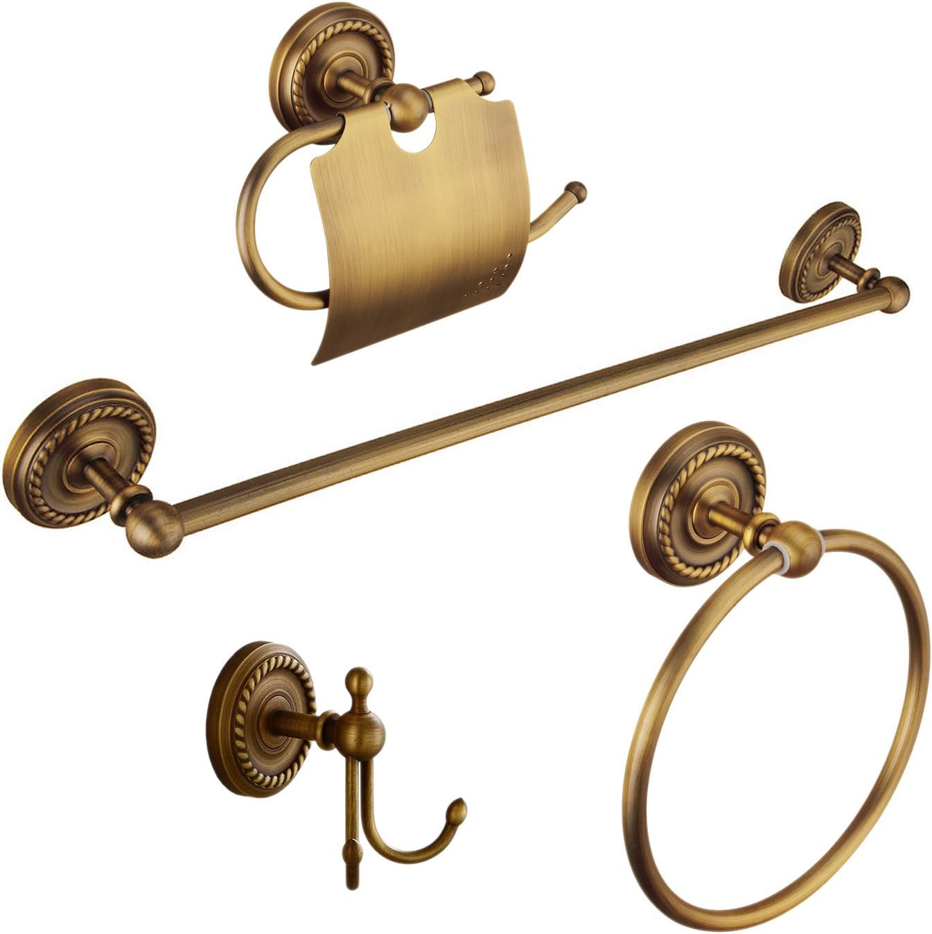 Antique Brass Bathroom Accessories Set Wall Mounted Towel Rail & Towel Ring & Toilet Paper Holder & Robe Hook, 4-Piece Vintage Bath Hardware Fixture Set.