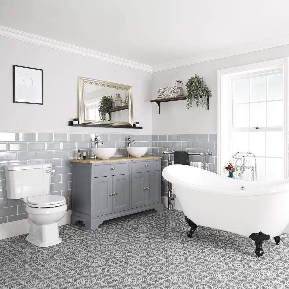 Milano Thornton - Traditional Light Grey Bathroom Suite with Freestanding Double Ended Slipper Bath and Chrome Ball & Claw Feet, 1210mm Vanity Unit with Countertop Basins and Close Coupled Toilet WC.