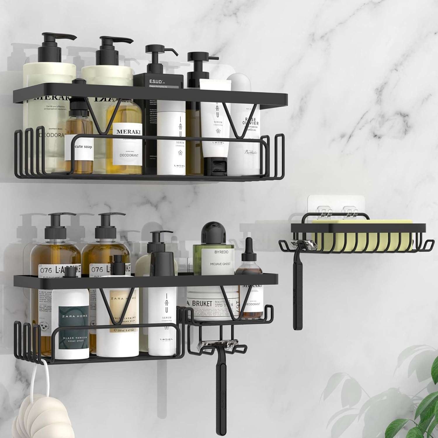 Kegii Shower Caddy, Bathroom Shelf Organiser No Drilling, Adhesive Shower Storage Rack with Soap Razor Holder, Bathroom Accessories, Black, 3 Pack.