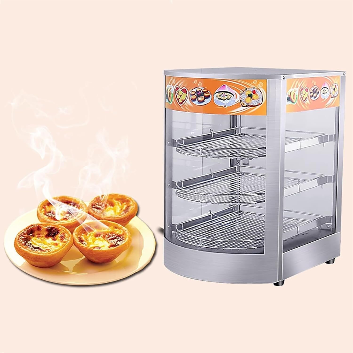 Insulation Hot Food Display Cabinet Warmer, with Lighting, 3-Tier Commercial Stainless Steel Food Warmer, 0.8KW Temperature Range 30-85 °C, for Egg Tarts, Pizza, Bread Food Heating and Preservation.