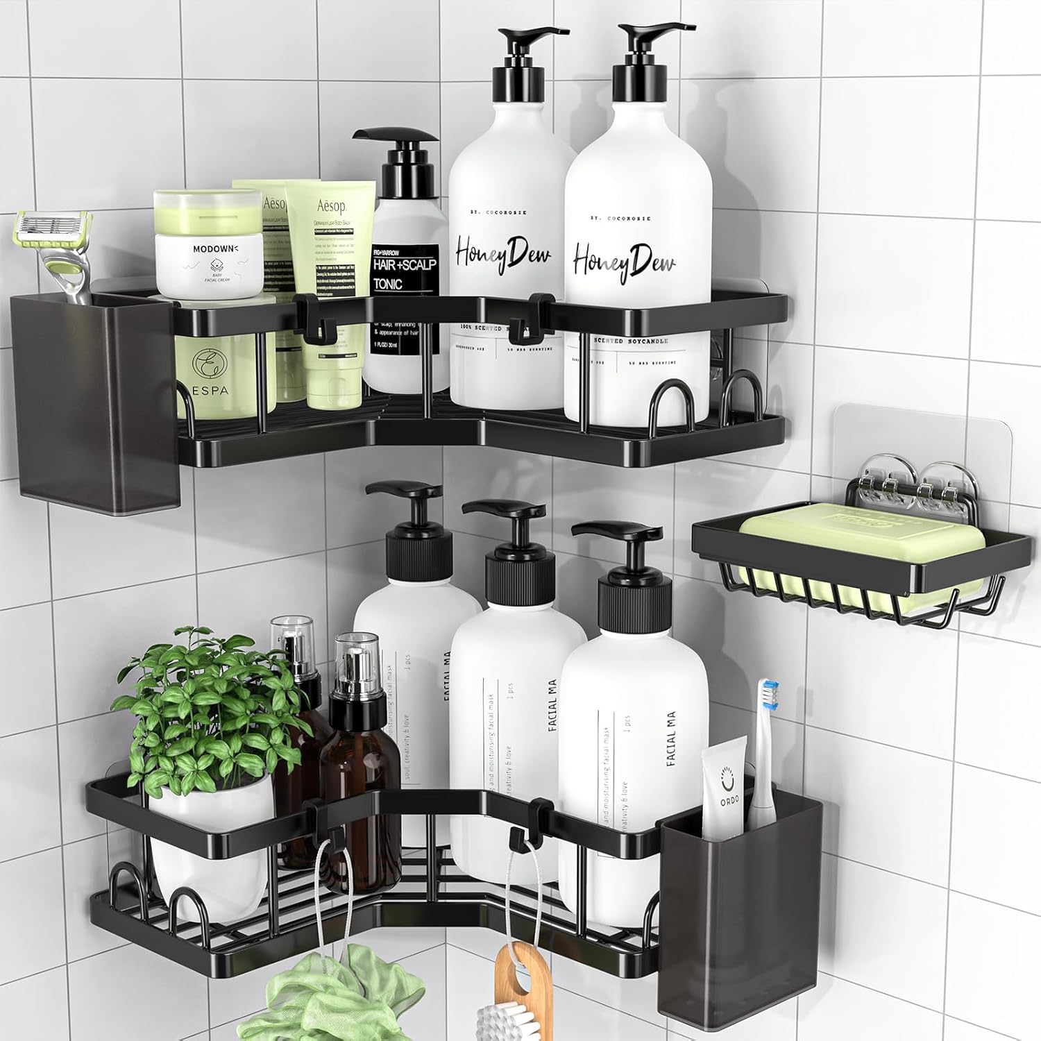 PKBD Corner Shower Caddy 3 Pack,Bathroom Storage No Drilling,shower storage with Soap Holder&Hooks&Toothpaste Holders,Bathroom or Kitchen,Rustproof Stainless Steel suction bathroom accessories,Black.