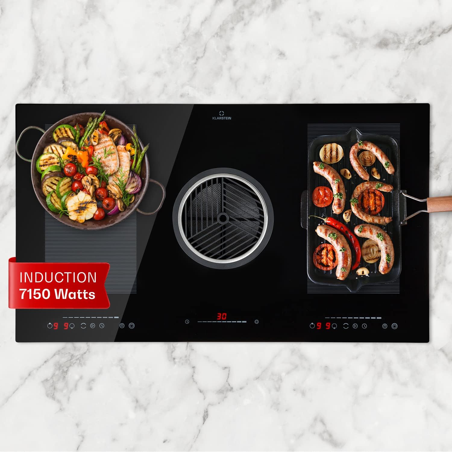 Klarstein 2-in-1 Electric Induction Hob & Kitchen Extractor Fan for Kitchen Islands, Steel Fan 654m³/h Airflow, 4-Zone Induction Cooker Hoods, Touch Control Ceramic Hob, Energy Class A Cooker Hood.