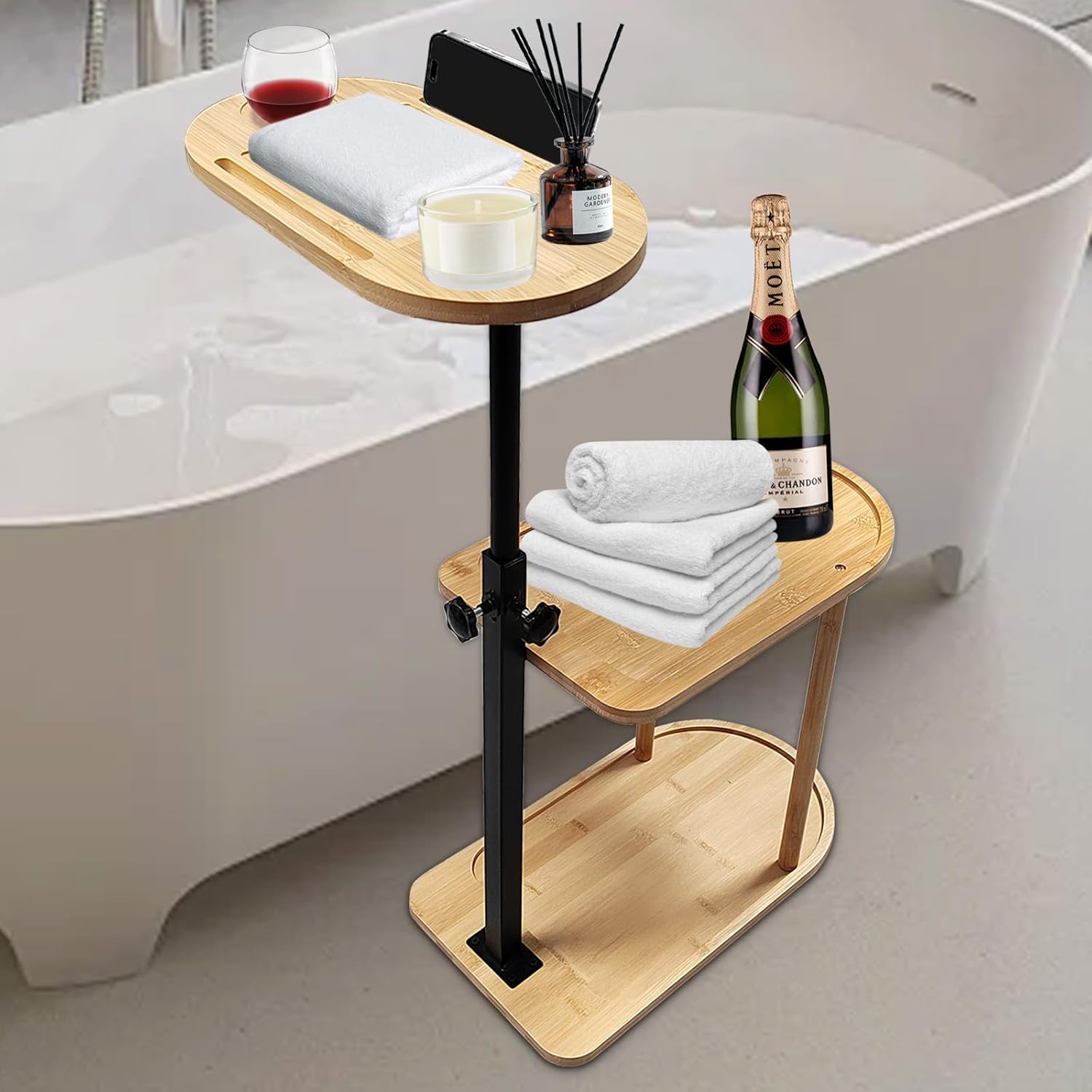 3 Layer Bath Tub Tray Table, Liftable Freestanding Bamboo Bath Tray Caddy for Tub Against Wall, Bath Table Tray Tub Shelf Bathroom Organizer Shelf for Luxury Spa, Bath Home Spa Bathtub Accessories.