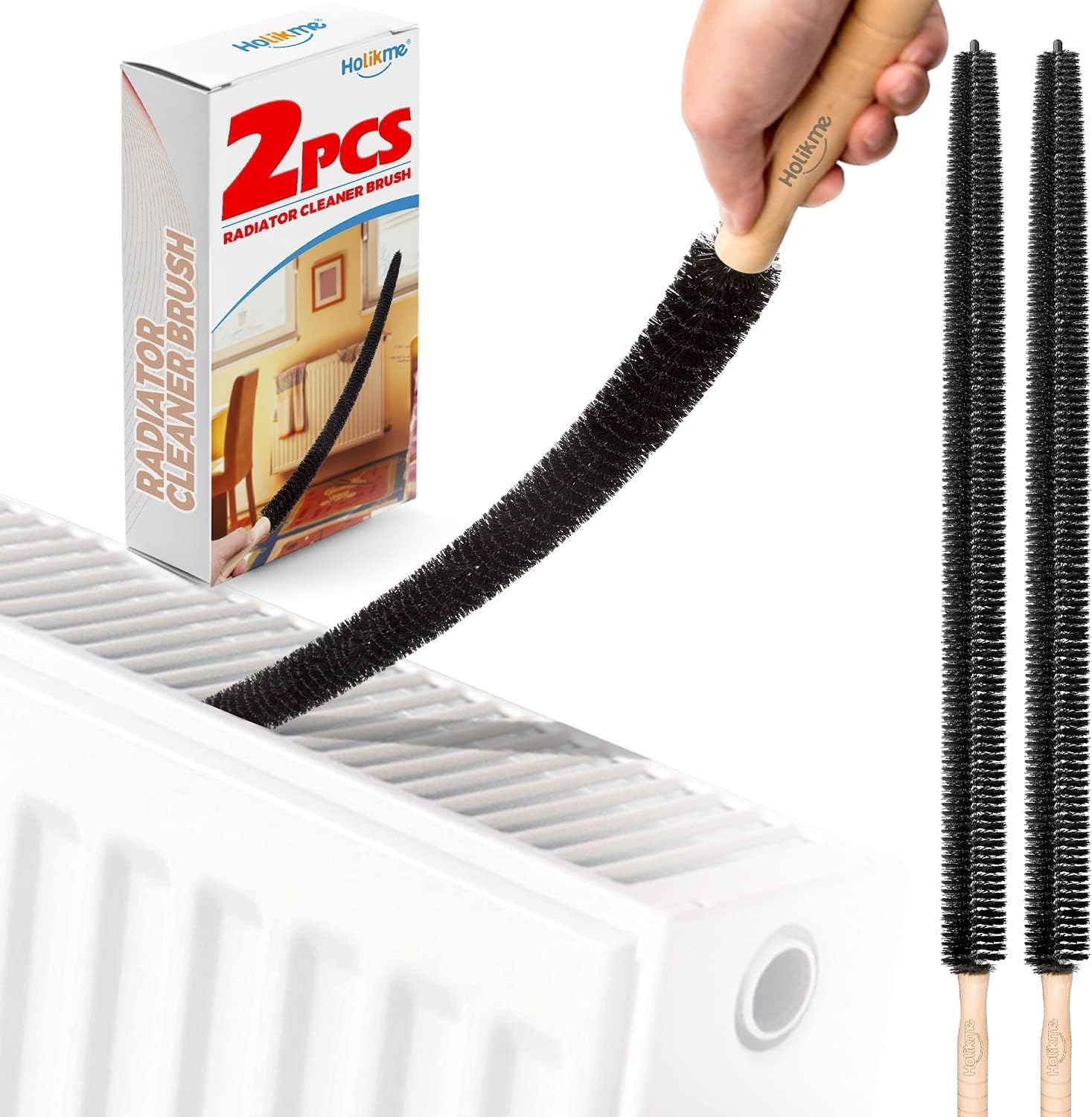 Holikme Radiator Cleaner Brush, 2 Pack Radiator Duster, Long Flexible with Wood Handle, Cleaning Brush for Radiator, Dust Bristle Brush.