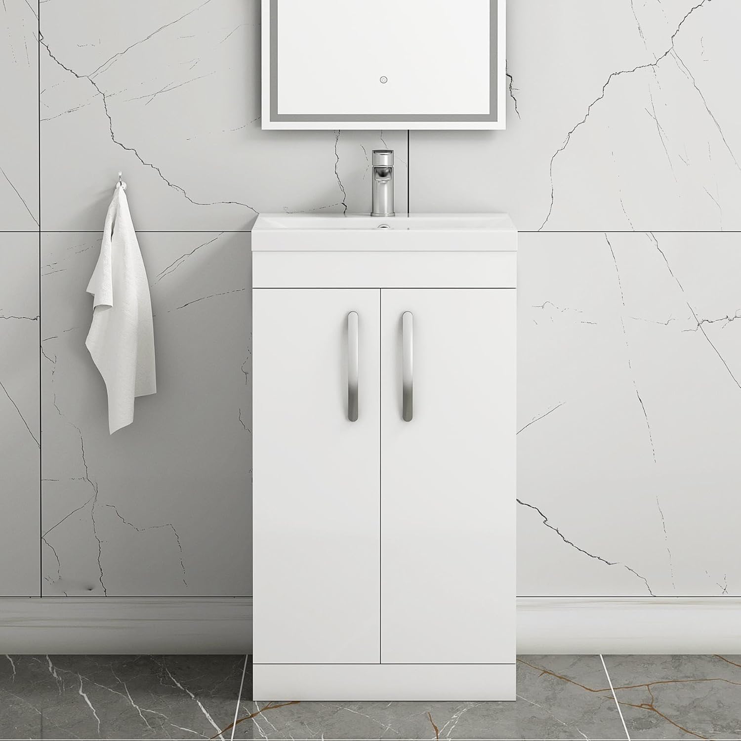 500mm Floor Standing Bathroom Vanity Unit Mid Edge Basin 2 Doors Storage Cabinet Furniture - Gloss White.