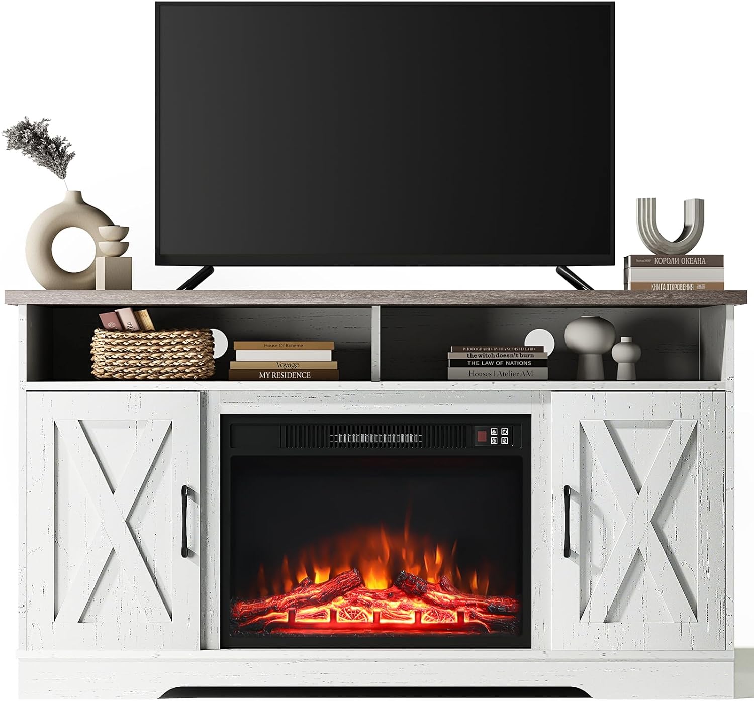 INMOZATA Electric Fire Insert TV Stand, Entertainment Center Console Table with Realistic LED Flame Effect, Remote Control&Overheat Protection, White, 23" Fireplace, for 65" TV.