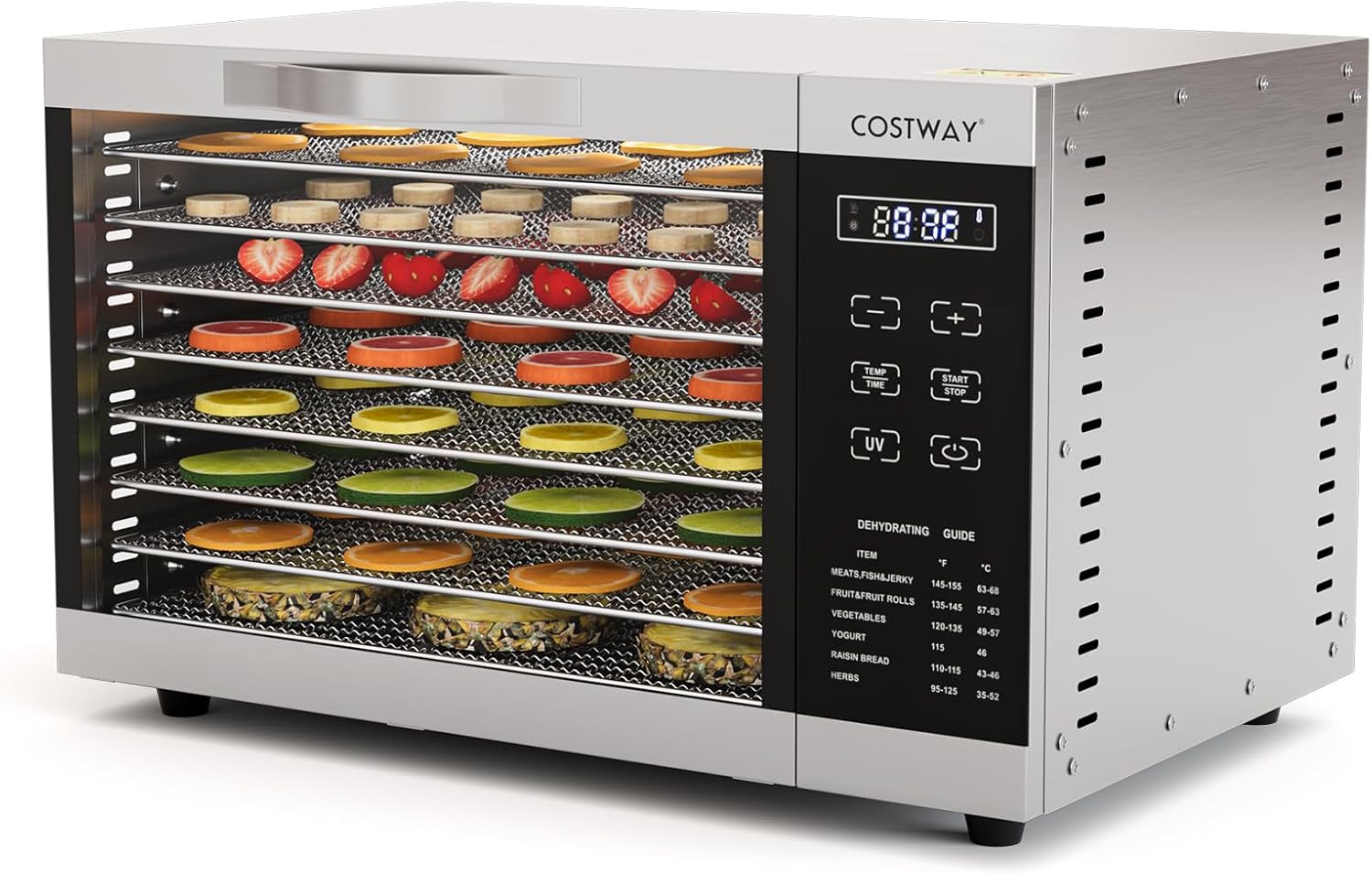 COSTWAY 8 Tray Food Dehydrator, Stainless Steel Fruit Dryer 620W with Removable Trays, 30℃-70℃ Temperature Control, 24 H Timer, Touch Panel & Overload Protection, BPA-Free Meat Drying Machine.