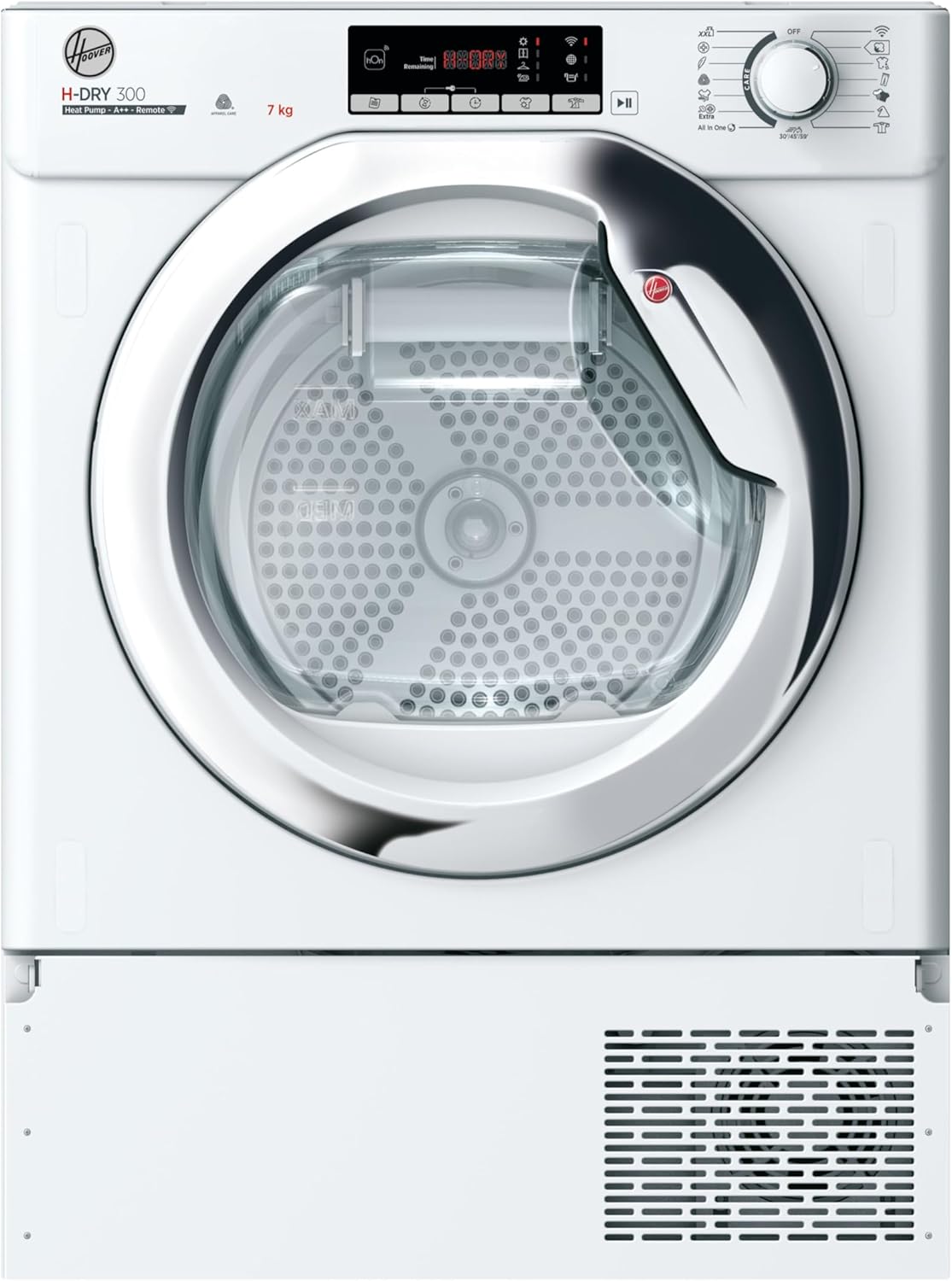 Hoover BATD H7A2TCE-80 7kg Integrated Heat Pump Tumble Dryer, A++ Rated, White & Chrome.