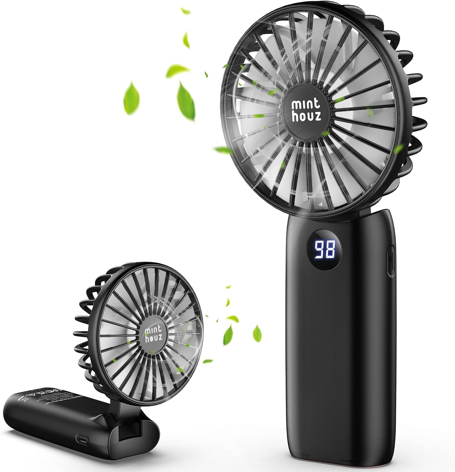 Minthouz Portable Handheld Fan, 5200mAh USB-C Rechargeable Battery Operated Fan, 5 Speeds Mini Desk Fan with Max 26Hrs Battery Life, 180° Foldable Personal Fan Ideal for Travel, Home, Office Use.