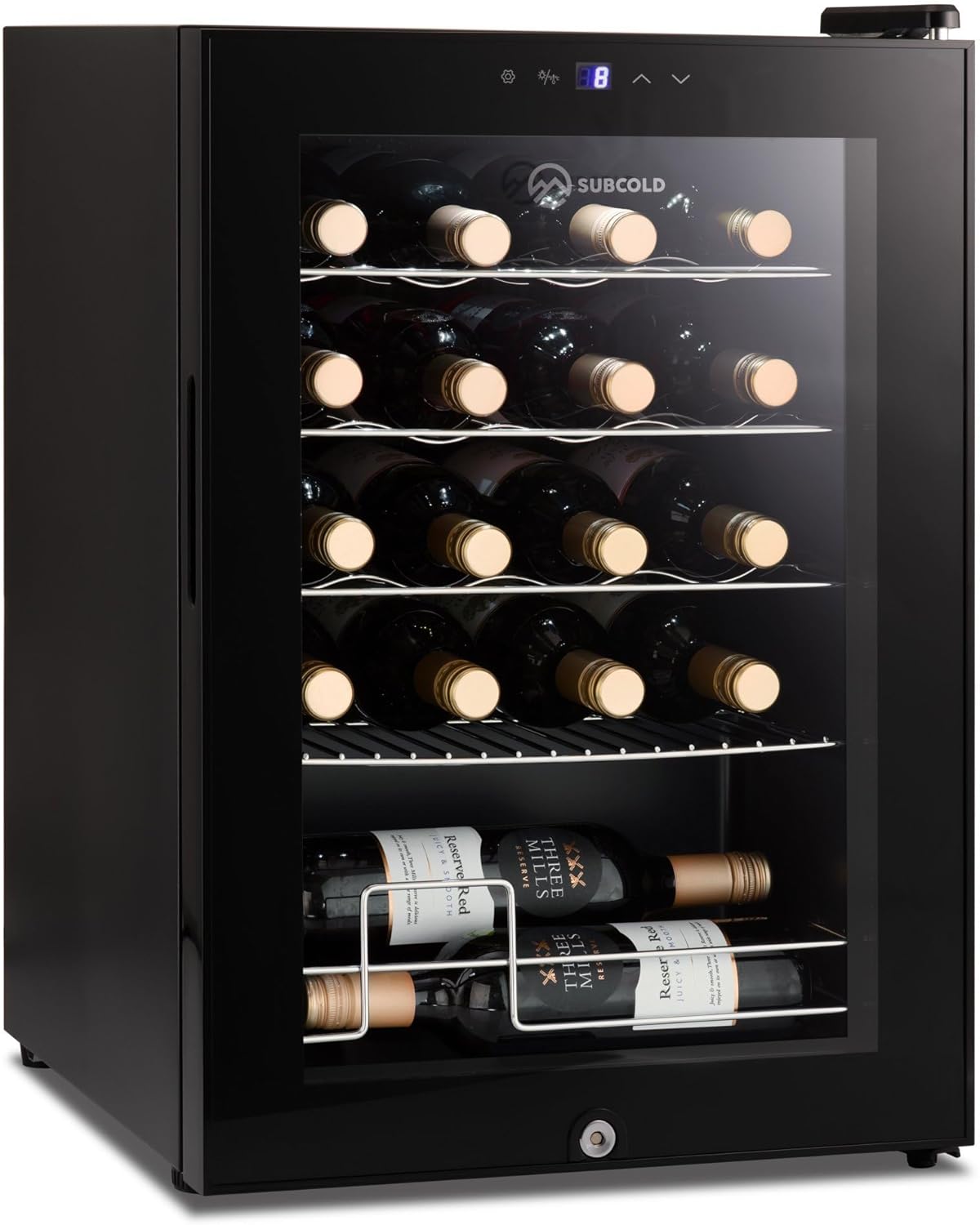 Subcold Viva28 LED – Under-Counter Wine Fridge Black | 3-18°C | Wine Cooler | LED + Lock & Key | Glass Door Drinks Cellar | Single-Zone (28 Bottle).