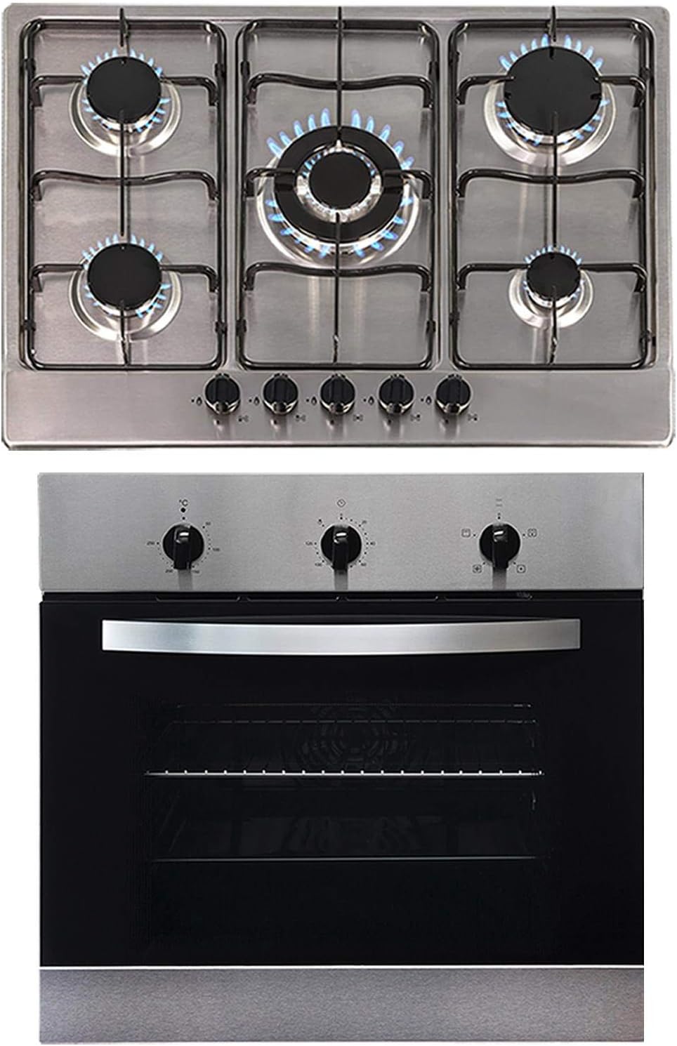 SIA 60cm Stainless Steel Single Electric True Fan Oven And 70cm 5 Burner Gas Hob.