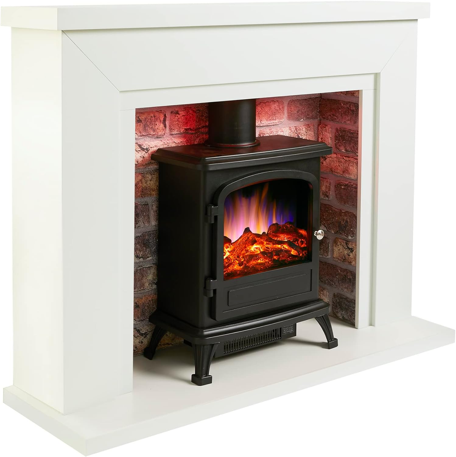 Endeavour Fires Farlington Electric Fireplace, Black Log Burner Stove in 48’’ Off White Surround, LED Downlights with Remote Control (White Top/Rustic Brick).